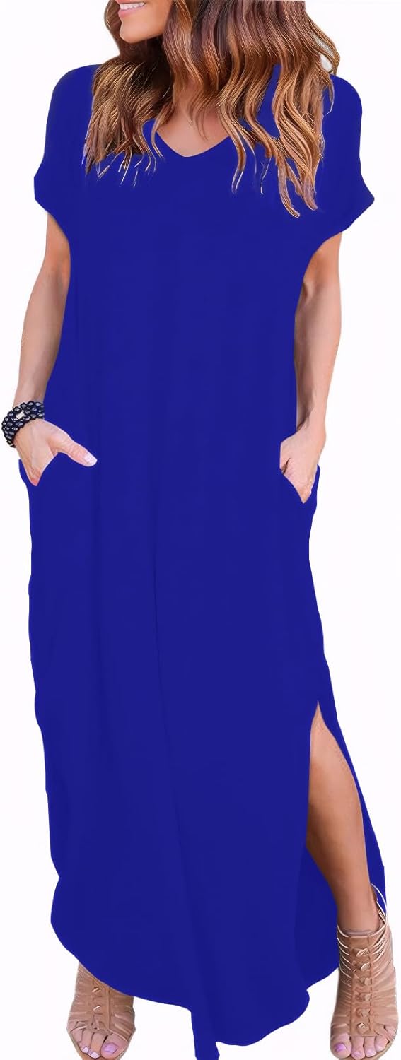 Zilcremo Women Summer Casual Maxi Dress Loose Pockets Short Sleeve Split Boho Dr...