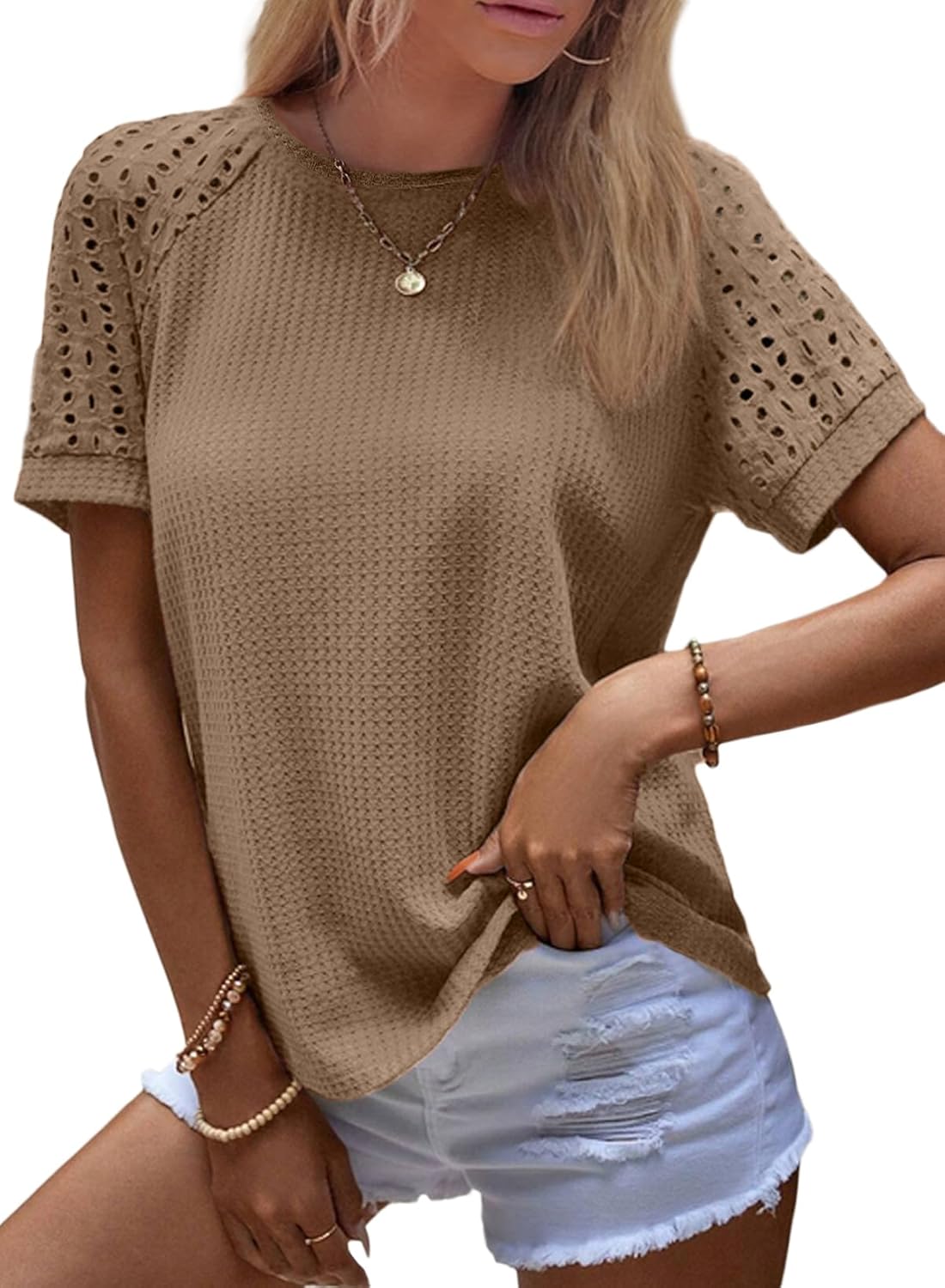 SHEWIN Women's Waffle Knit Tops Casual Crew Neck Hollow Out Raglan Short Sleeve...