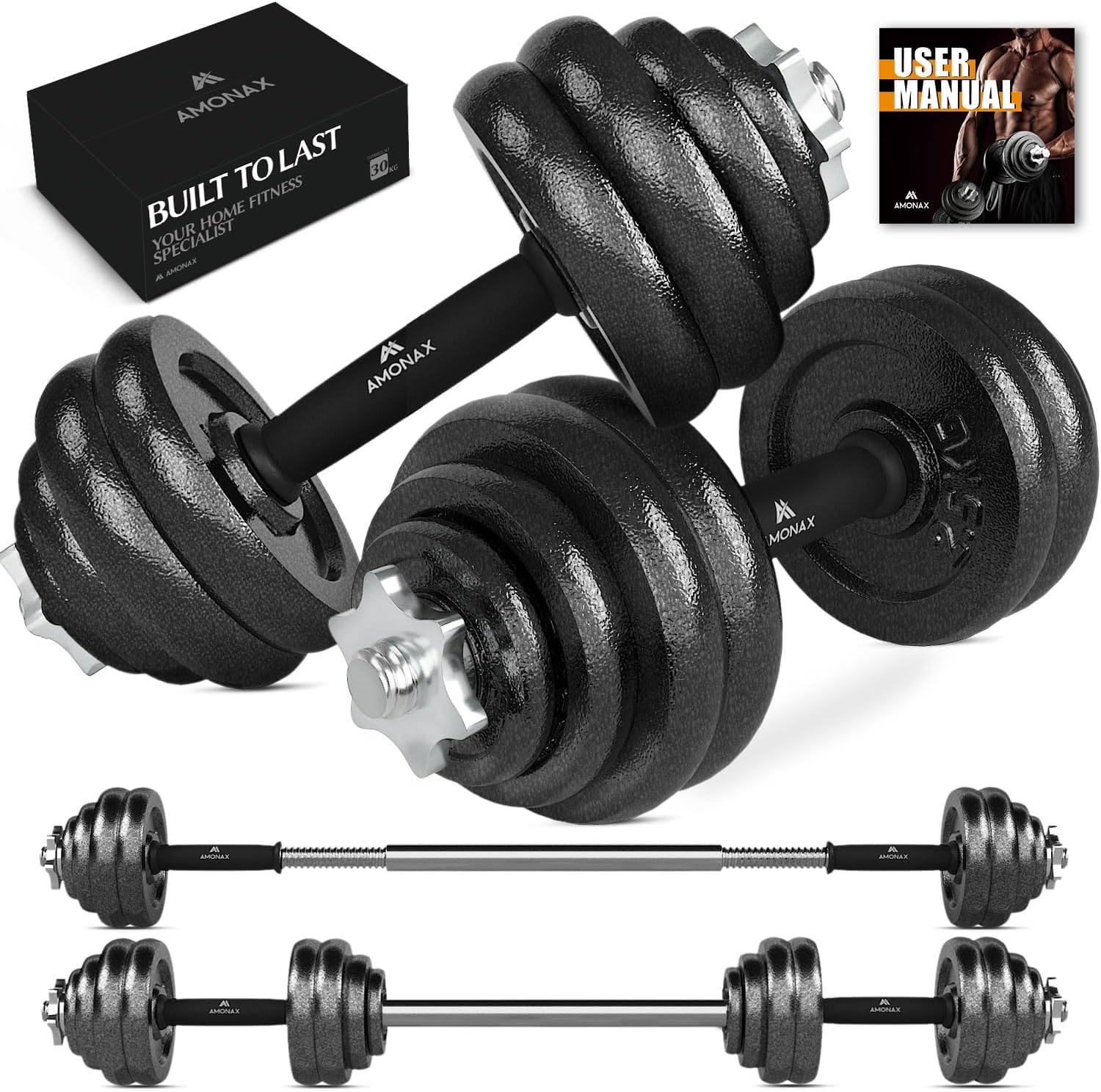 Amonax 20kg 30kg Cast Iron Adjustable Dumbbells Weight Set, Barbell Set Men Wome...