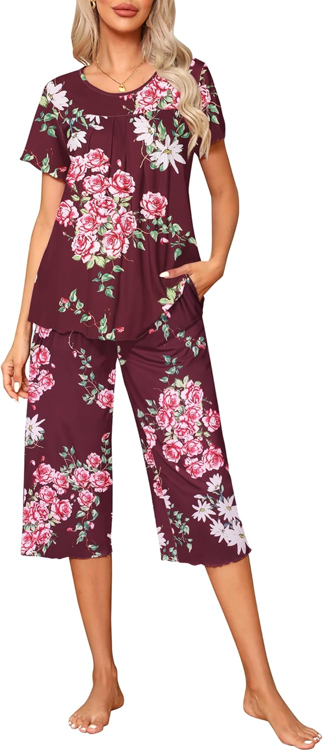 Ekouaer Pajama Set for Women 2 Piece Capri Pants Short Sleeve Top Sleepwear Soft...