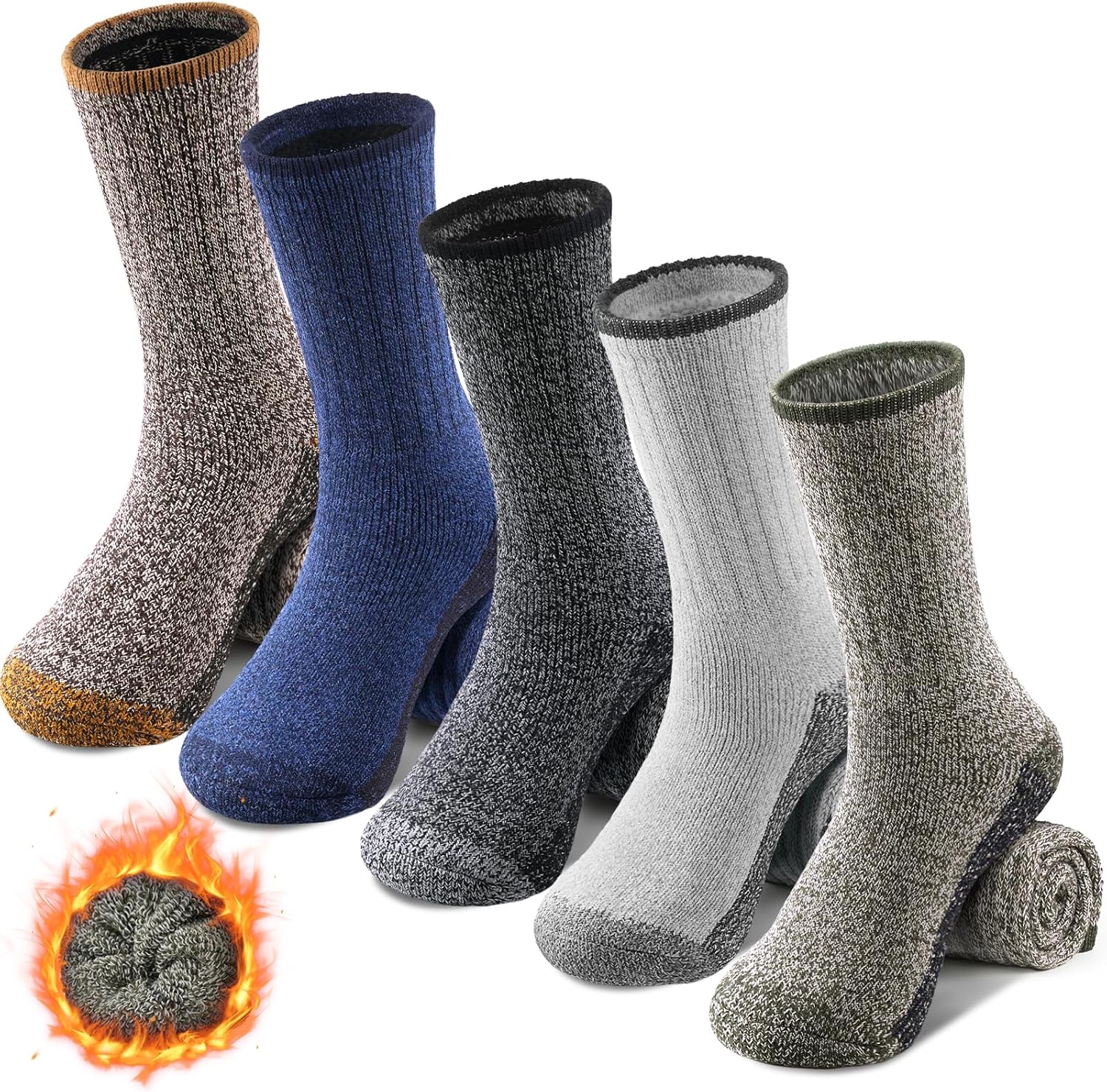 5 Pairs Wool Socks Mens Extra Thick Merino Winter Warm Thermal Socks for Men Fas...