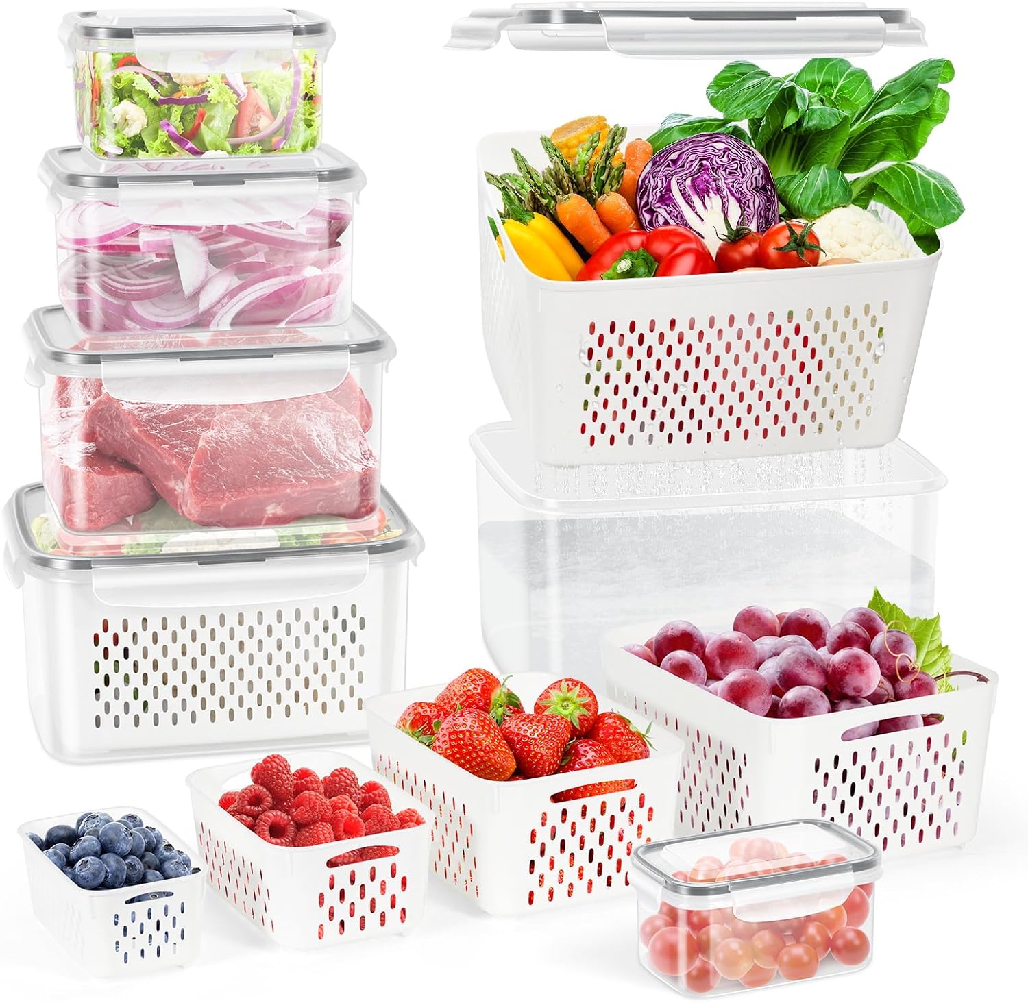 12 Pieces Fruit Storage Containers For Fridge, BPA-Free Fresh Food Containers wi...