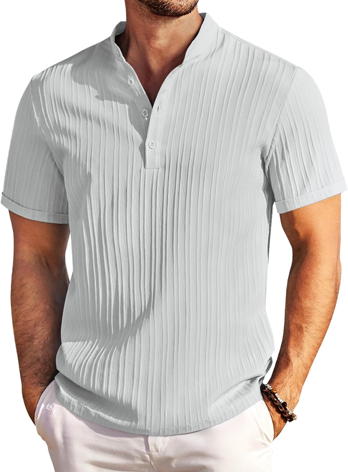 COOFANDY Men Casual Henley Tee Shirt Short Sleeve Band Collar Summer Beach Textu...