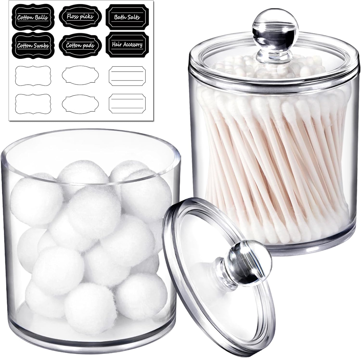 SheeChung 2 Pack Qtip Dispenser Apothecary Jars Bathroom with Labels - Qtip Hold...