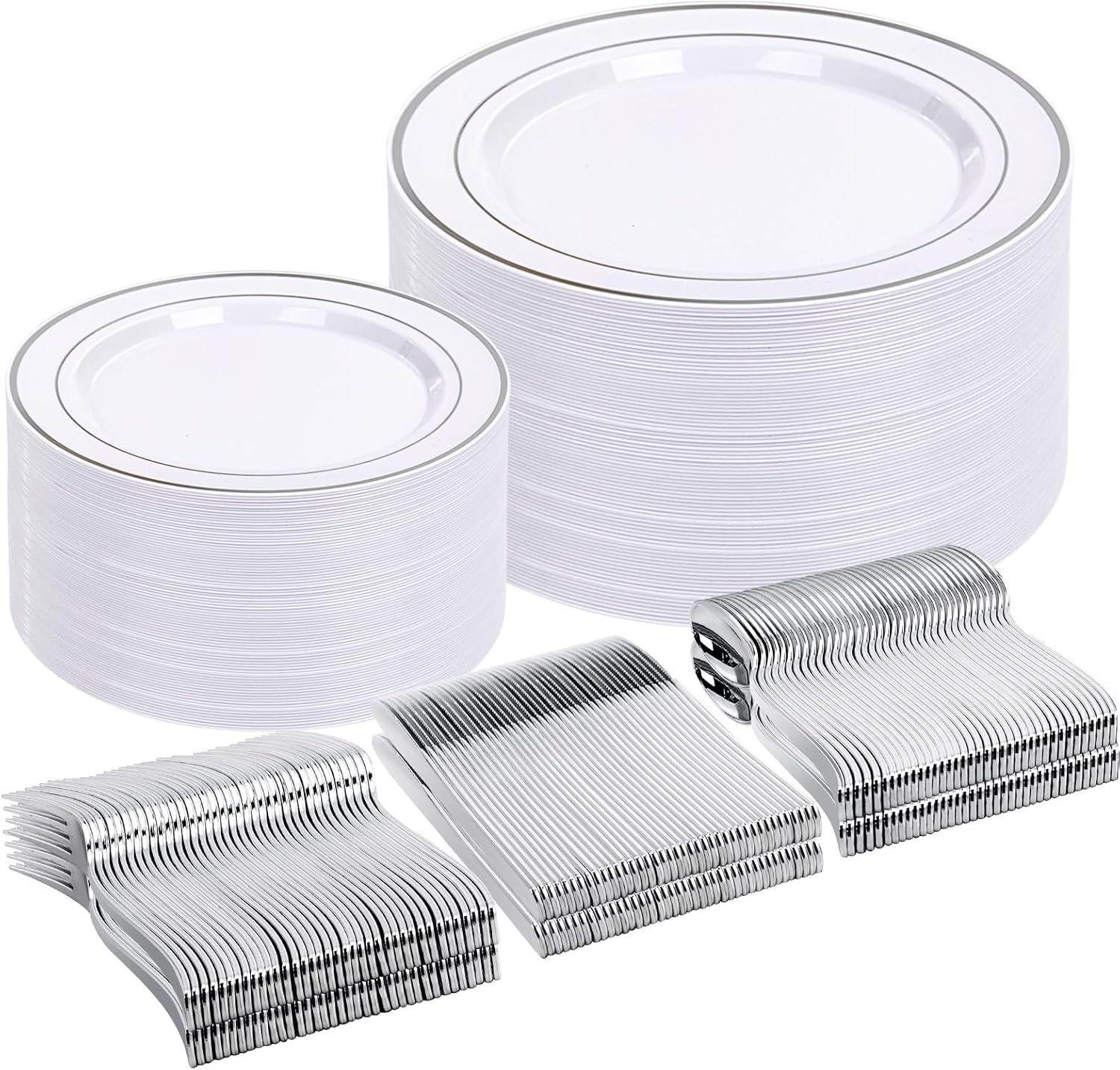 DaYammi 500pcs Silver Plastic Dinnerware Sets, Includes: 100 Silver Rim Dinner P...