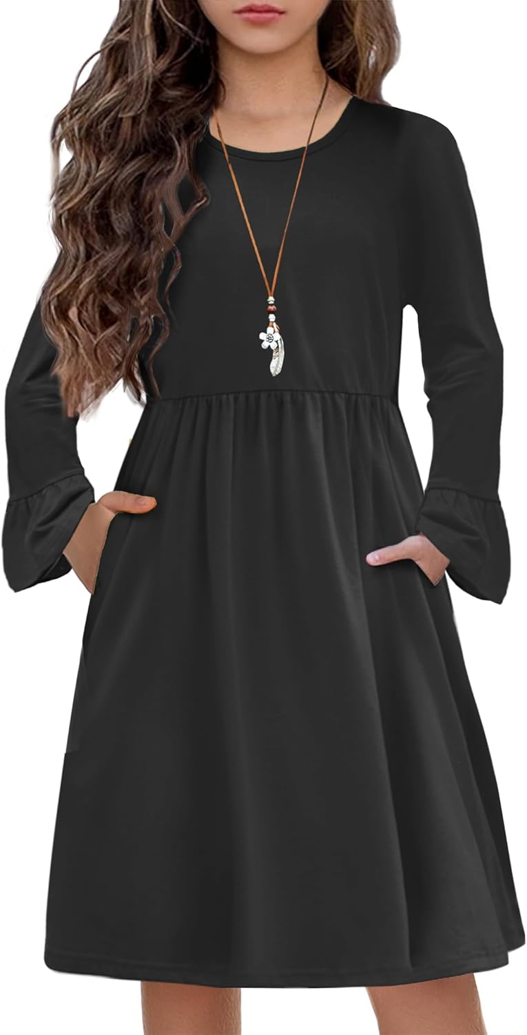 Arshiner Girls Long Sleeve Floral Pleated Swing Dress Kids Casual Dresses with P...