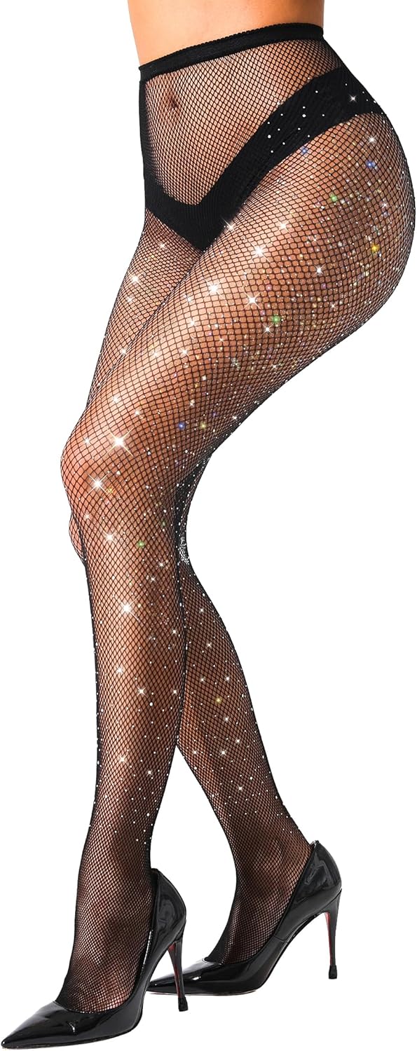VEBZIN Holographic Sparkly Fishnets Tights Fishnet Stockings Rhinestone Fishnet...