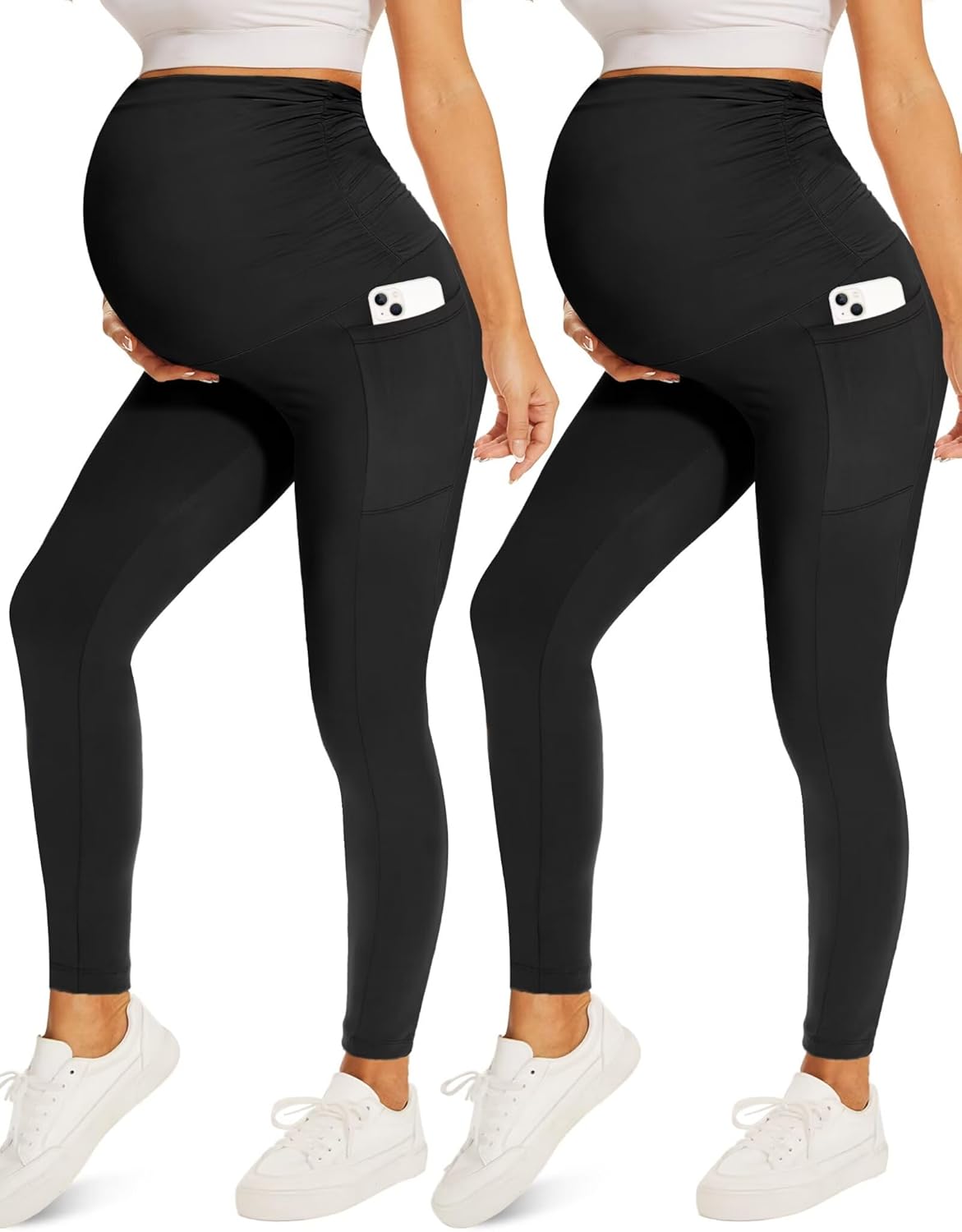 Fotociti 2 Pack Maternity Leggings With Pockets Over The Belly,Womens Pregnancy...