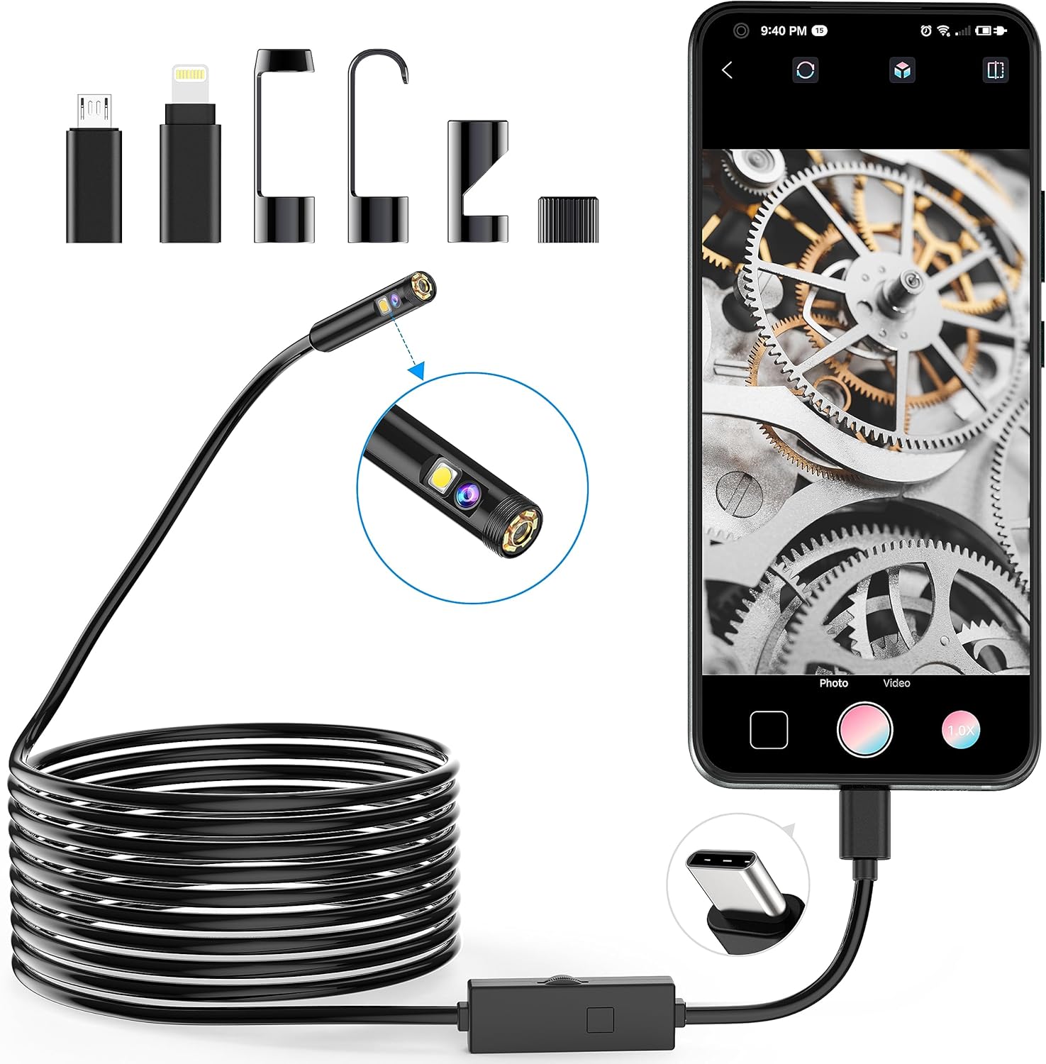 Lightswim 1920P Dual Lens Endoscope Snake Inspection Camera, Type C Borescope, S...