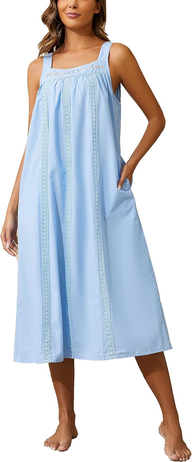 YOZLY Cotton Nightgowns for Women Embroidery Sleeveless Night Gown with Pockets...