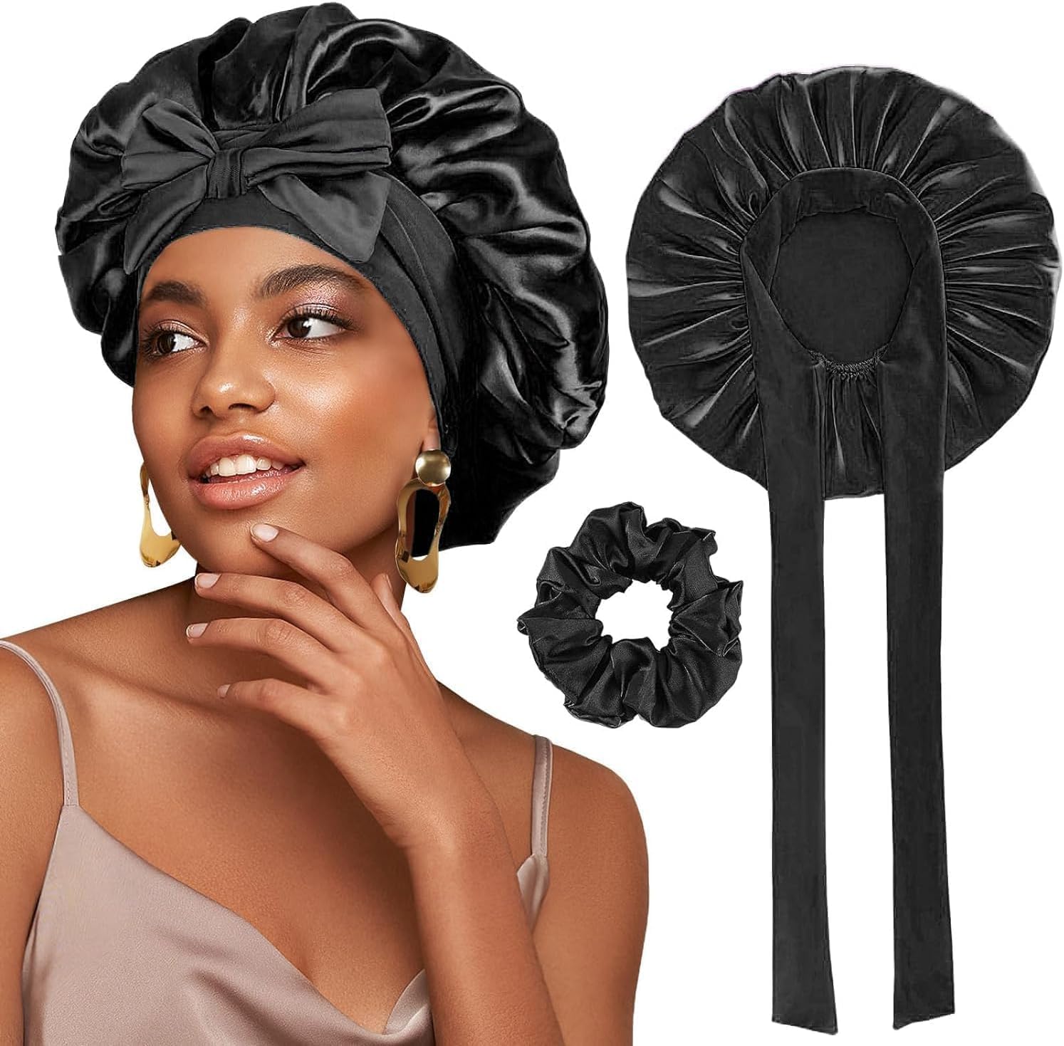FOLAI Satin Bonnet,1PC Silk Sleep Bonnets for Women, Adjustable Satin Night Slee...