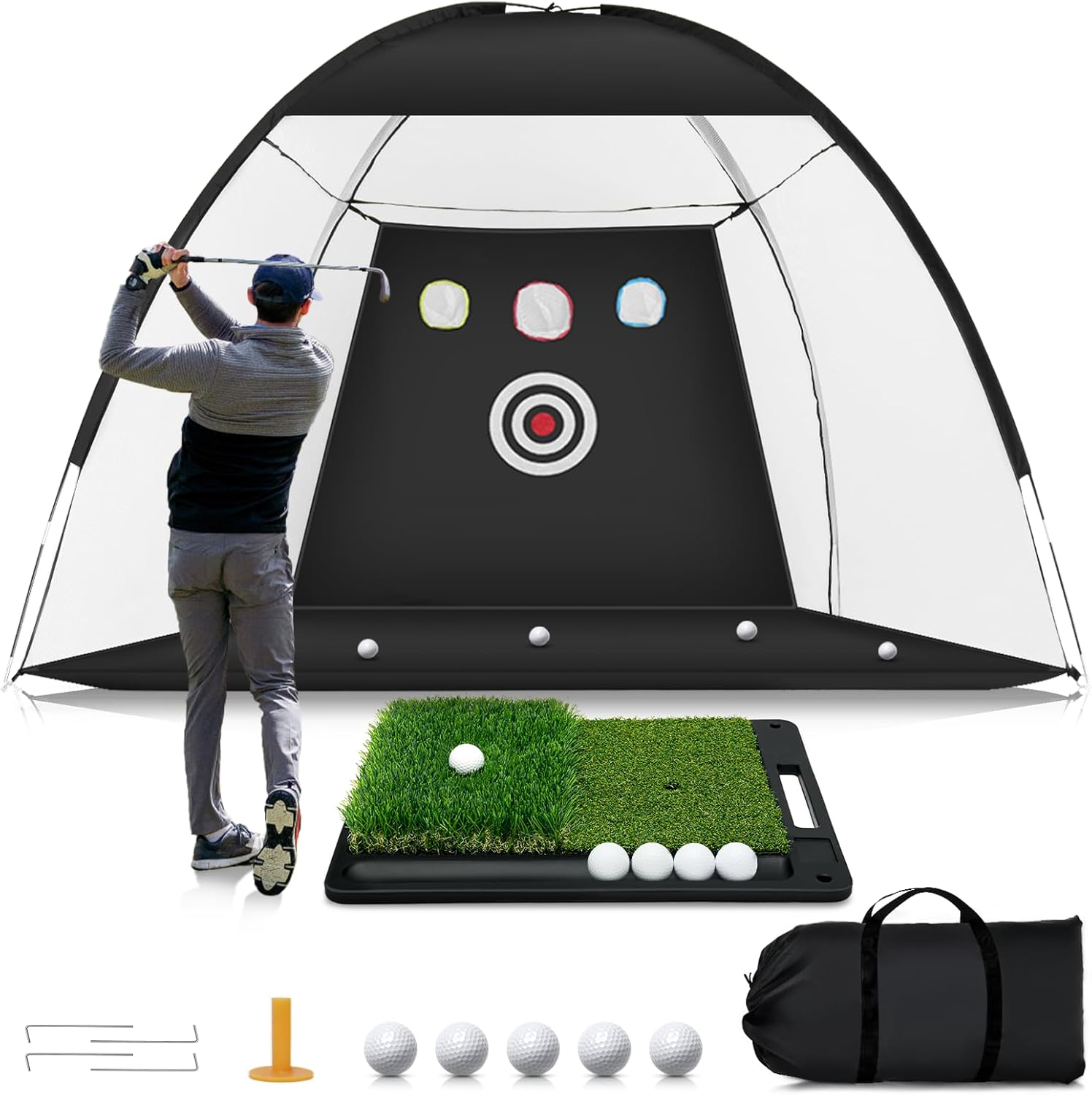 Golf Net: 10x7ft Golf Practice Net with Heavy Base Dual-Turf Golf Mat, All-in-On...