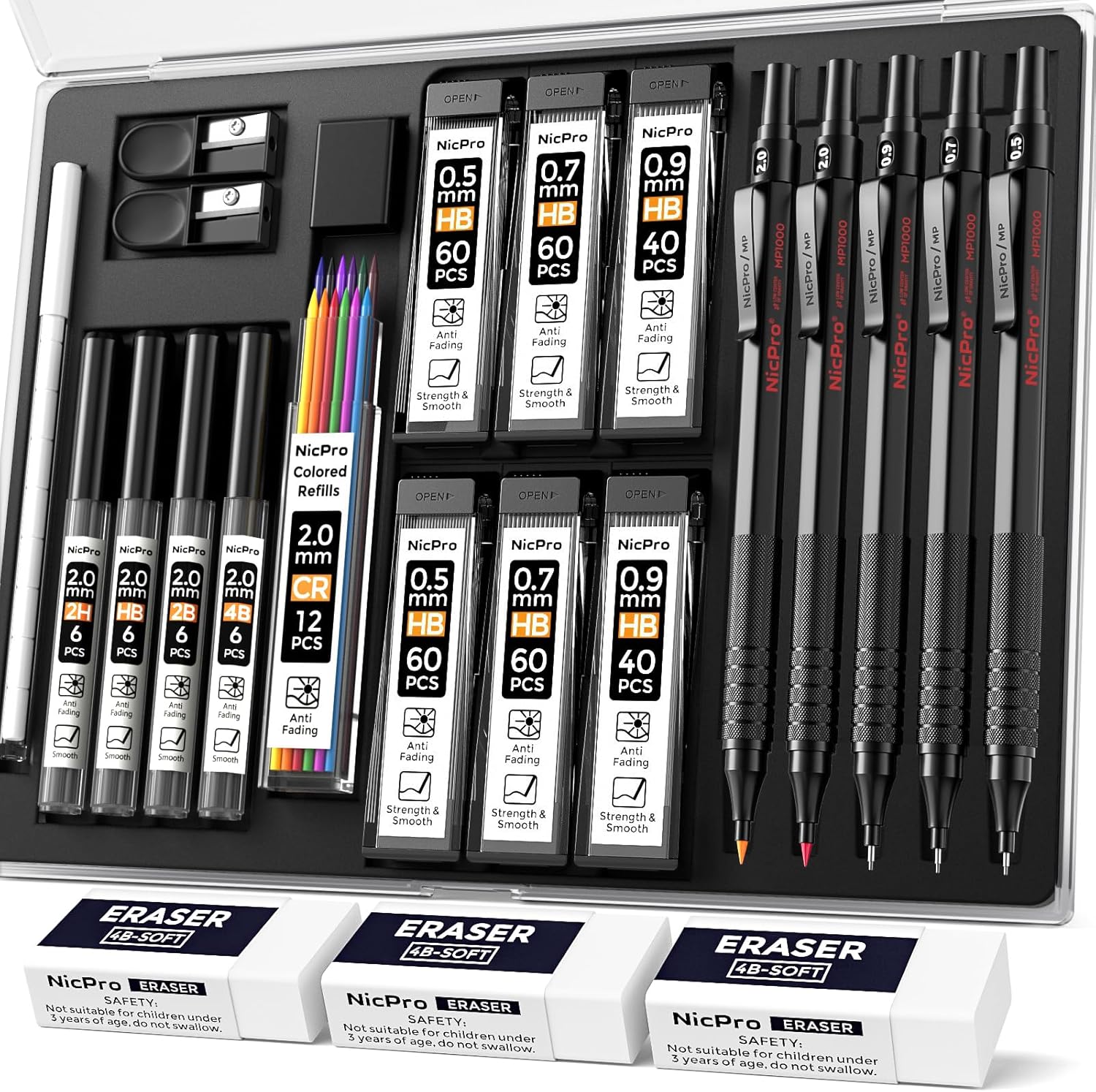 Nicpro 22PCS Art Mechanical Pencil Set, Black Artist Metal Drafting Pencil 0.5 &...