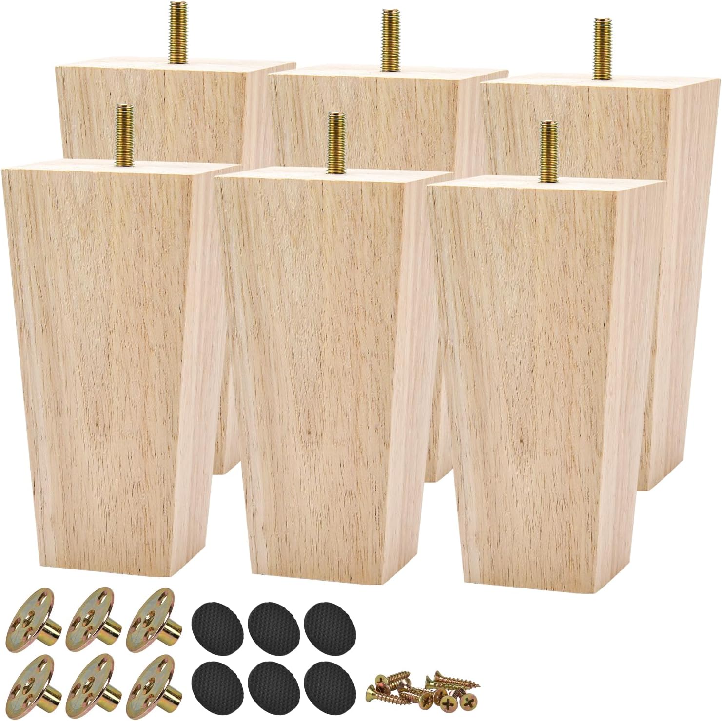 6 Inch / 15 cm Wooden Furniture Legs, Set of 6 Solid Wood Mid-Century Modern Pyr...