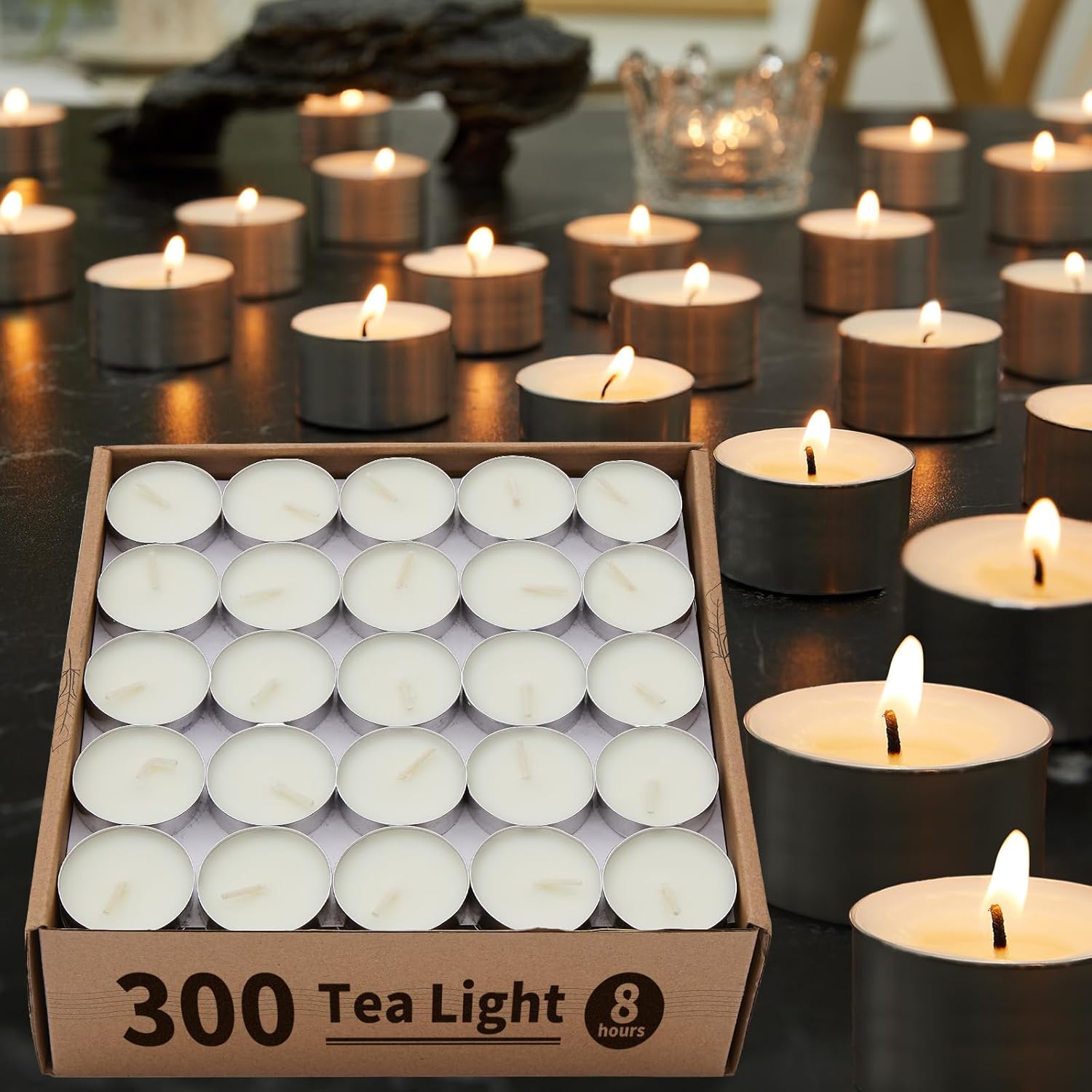 Unscented Palm Tea Lights Candles 300 Pack Bulk, 8 to 9 Hours Long Burning White...