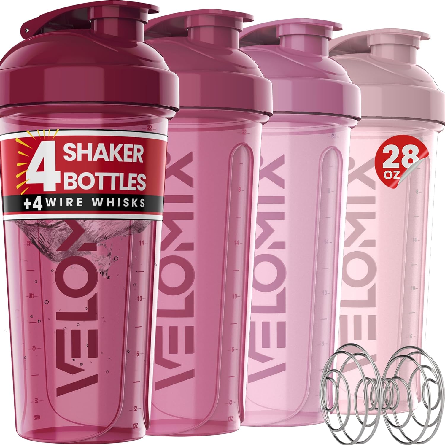 -4 PACK- 28 oz Shaker Cups for Protein Shakes - 4x Wire Whisk | Leak Proof Prote...