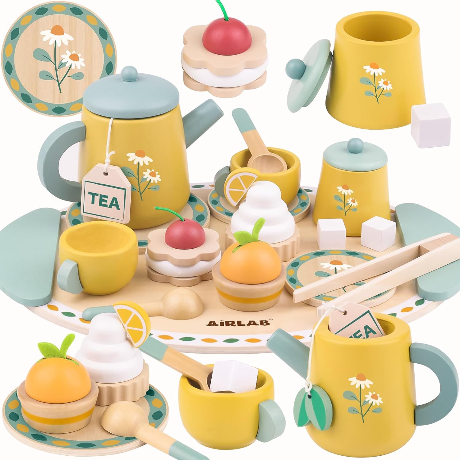 Airlab Wooden Tea Set for Toddlers, Kids Tea Set for Baby Girls, Toy Food Preten...