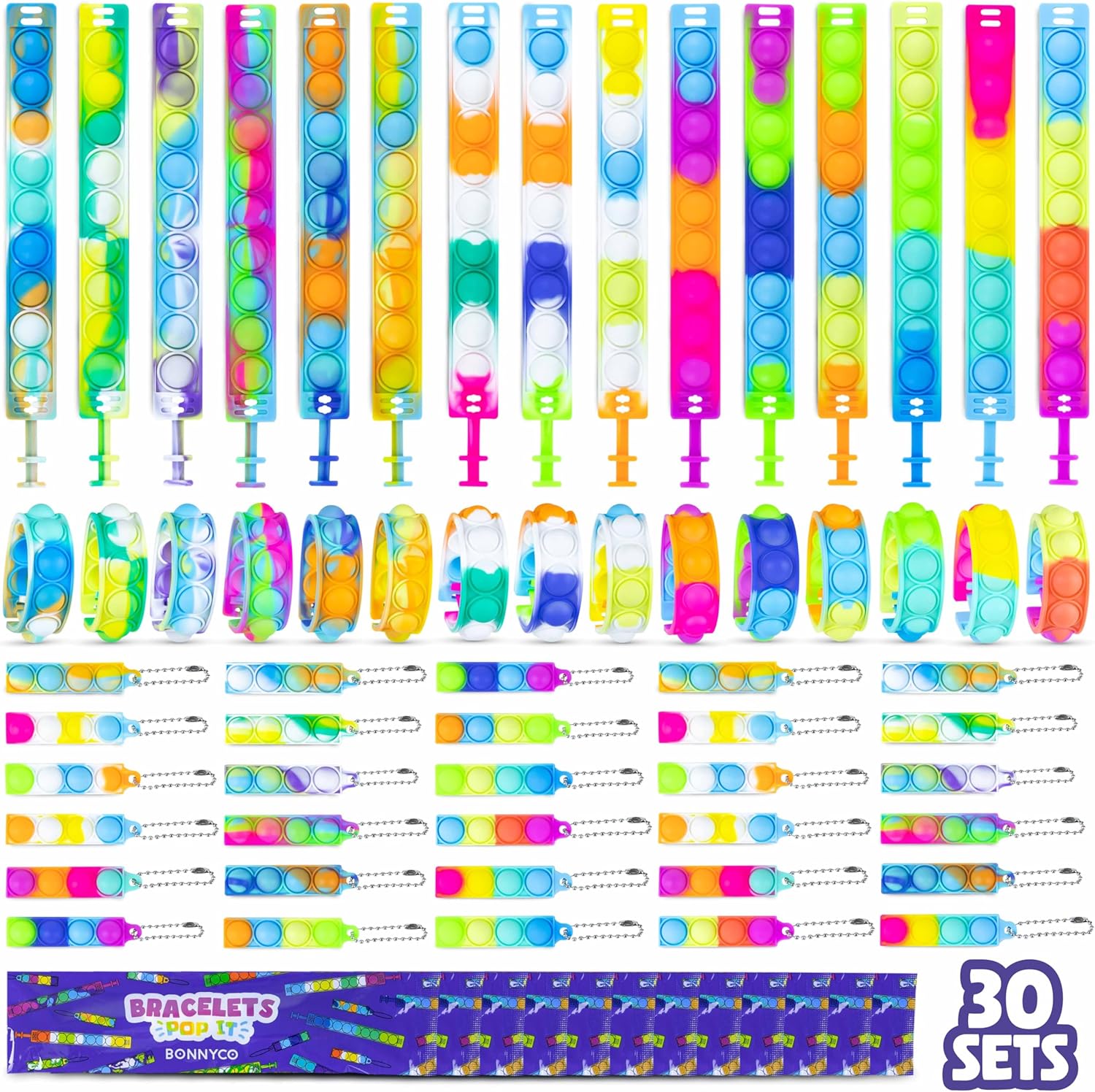 BONNYCO Bracelets and Keychains Pop It Pack 30 Birthday Gifts for Children Schoo...