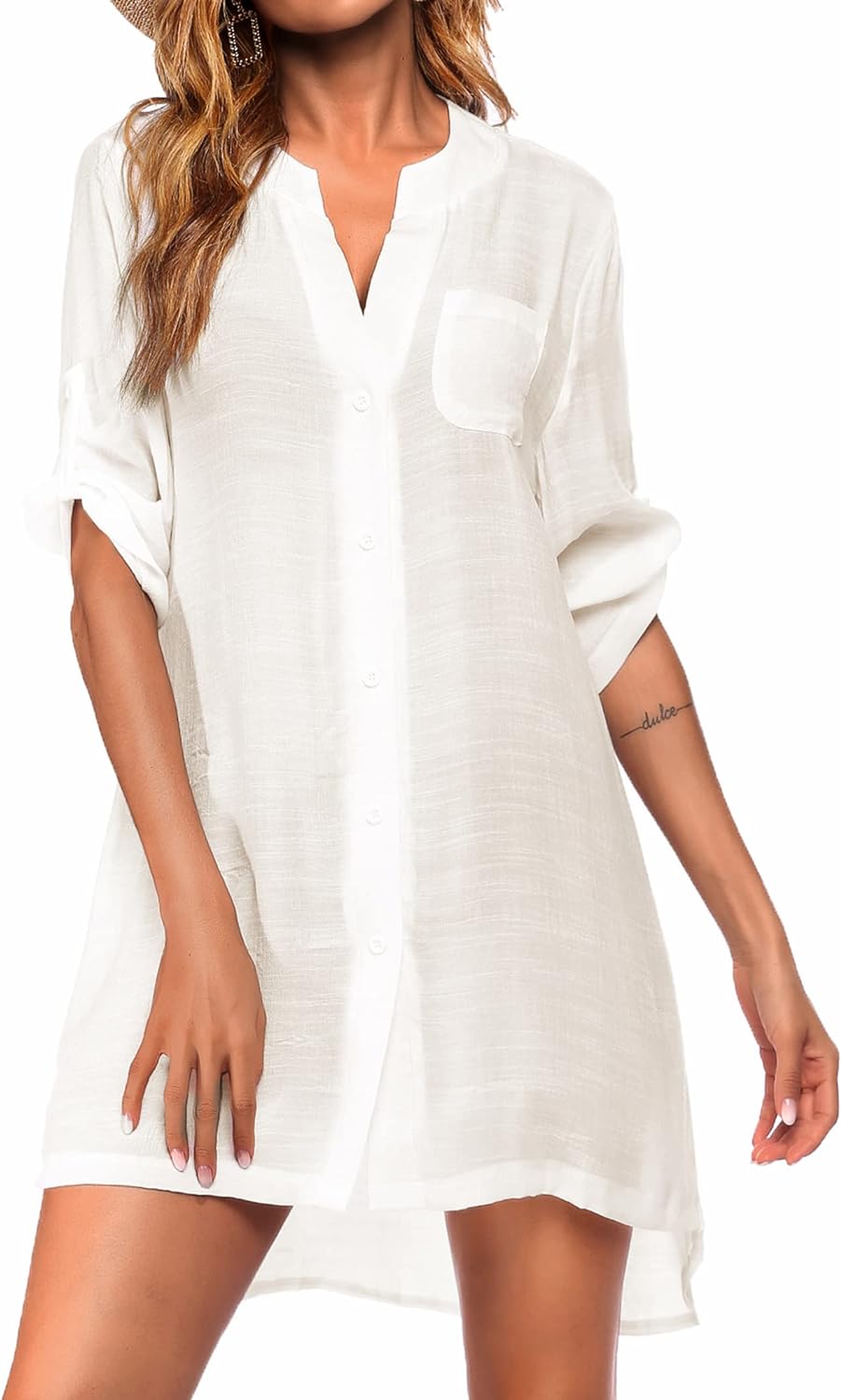 Ekouaer Women's Cover Up Shirt V-Neck Swimsuit Beach Bikini Beachwear Button Dow...
