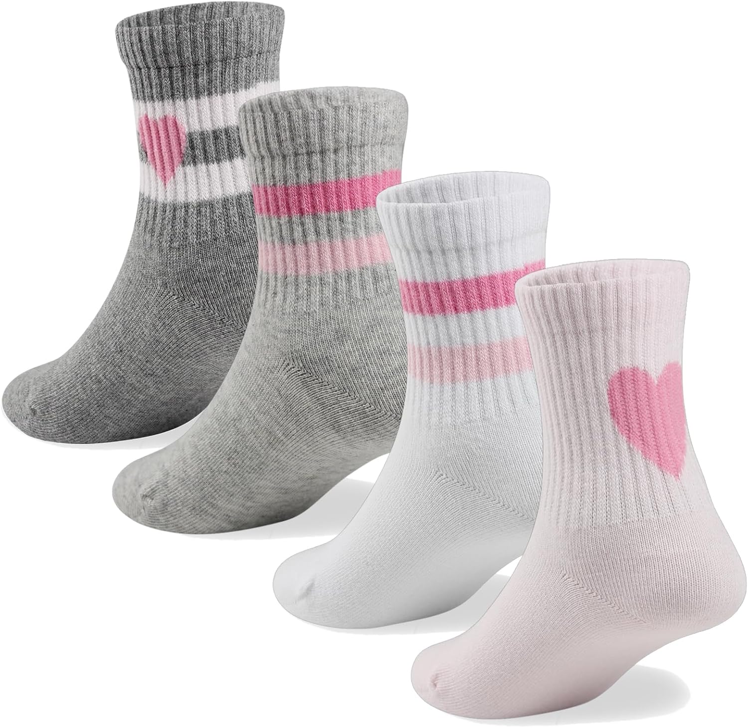 COTTON DAY Kids Girls Pink White Crew Athletic Socks with Retro Stripes Hearts H...