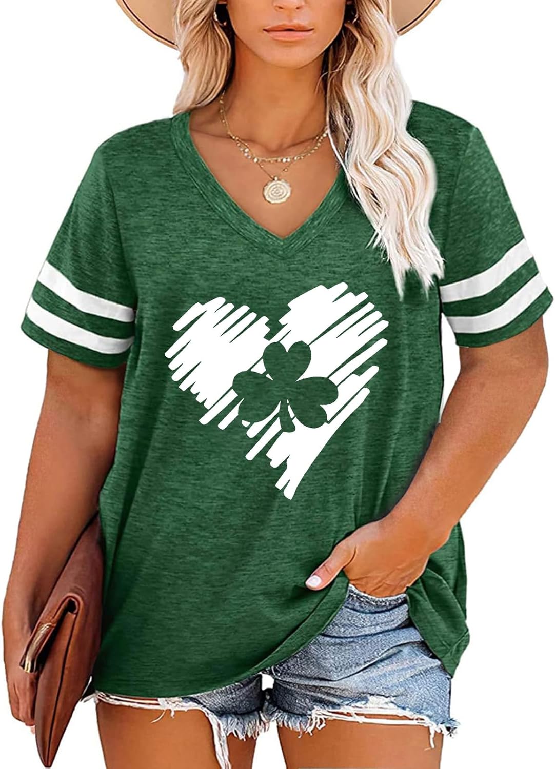 HDLTE Plus Size St Patricks Day Shirt Women Retro Irish Flag Graphic V-Neck Colo...