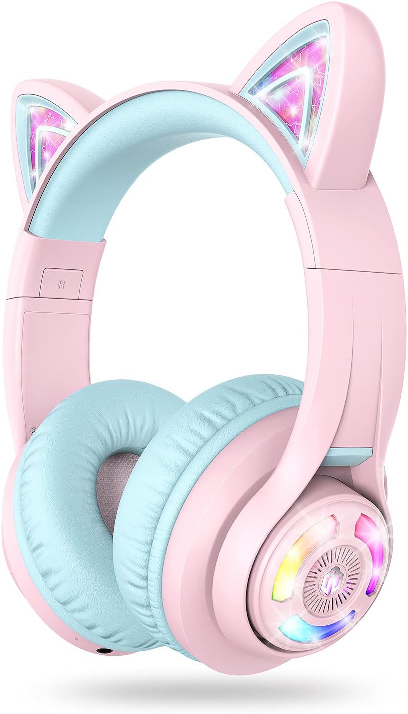 iClever Bluetooth Kids Headphones, BTH13 Cat Ear LED Light Up Kids Wireless Head...