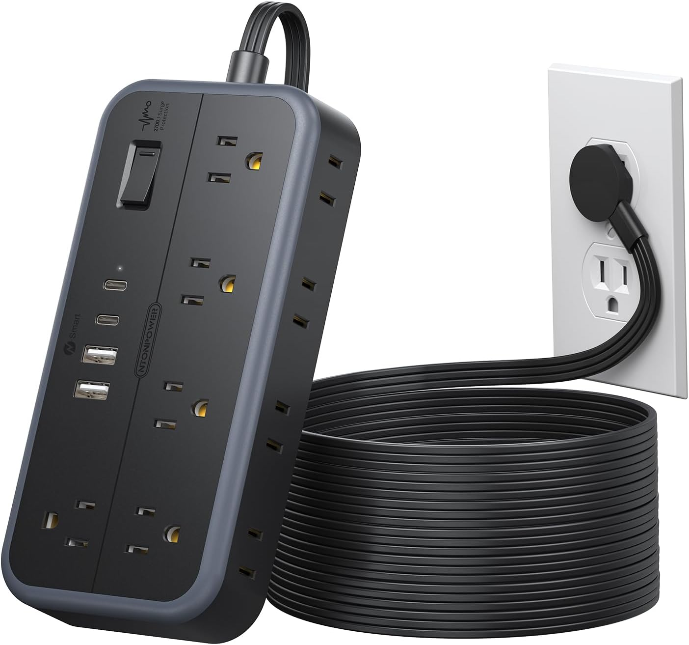 NTONPOWER Surge Protector Power Strip 15 Ft Cord, 10 Widely Spaced Outlets, 4 US...