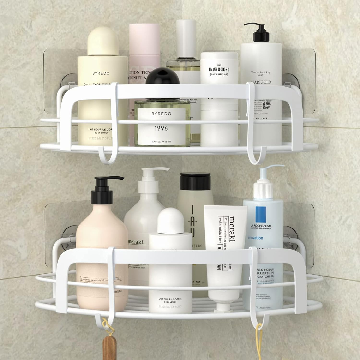STEUGO 2-Pack Corner Shower with 4 Hooks Adhesive, Bathroom Shower Rack Rust Res...
