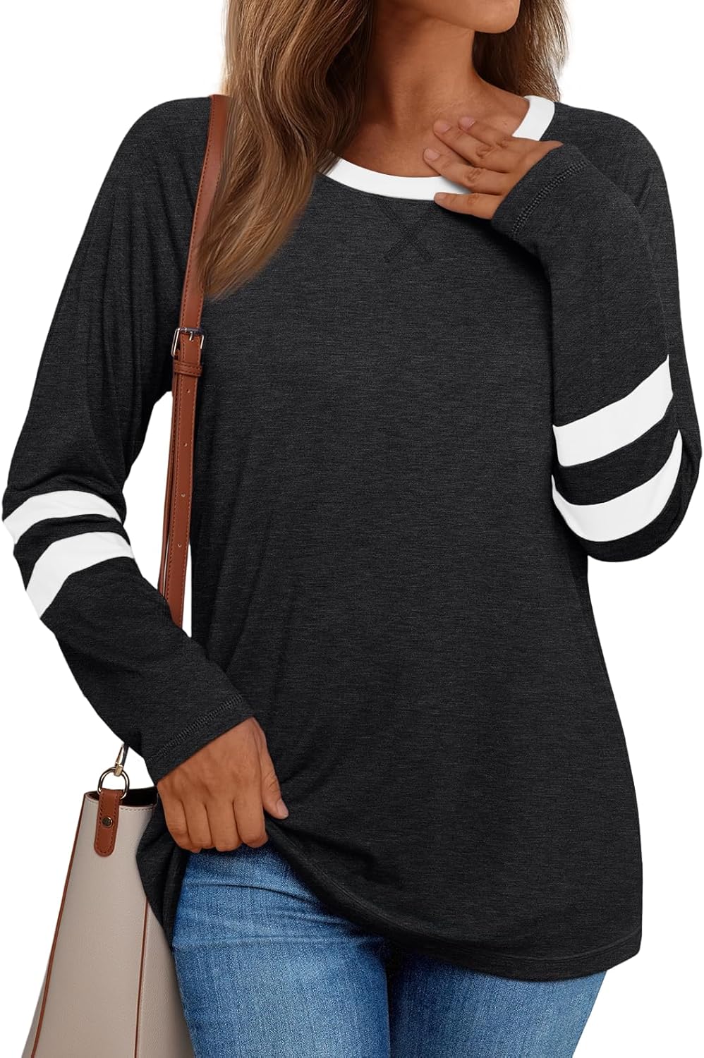 AUTOMET Womens Long Sleeve Shirts Color Block Casual Crewneck Tops Tshirt Basic...