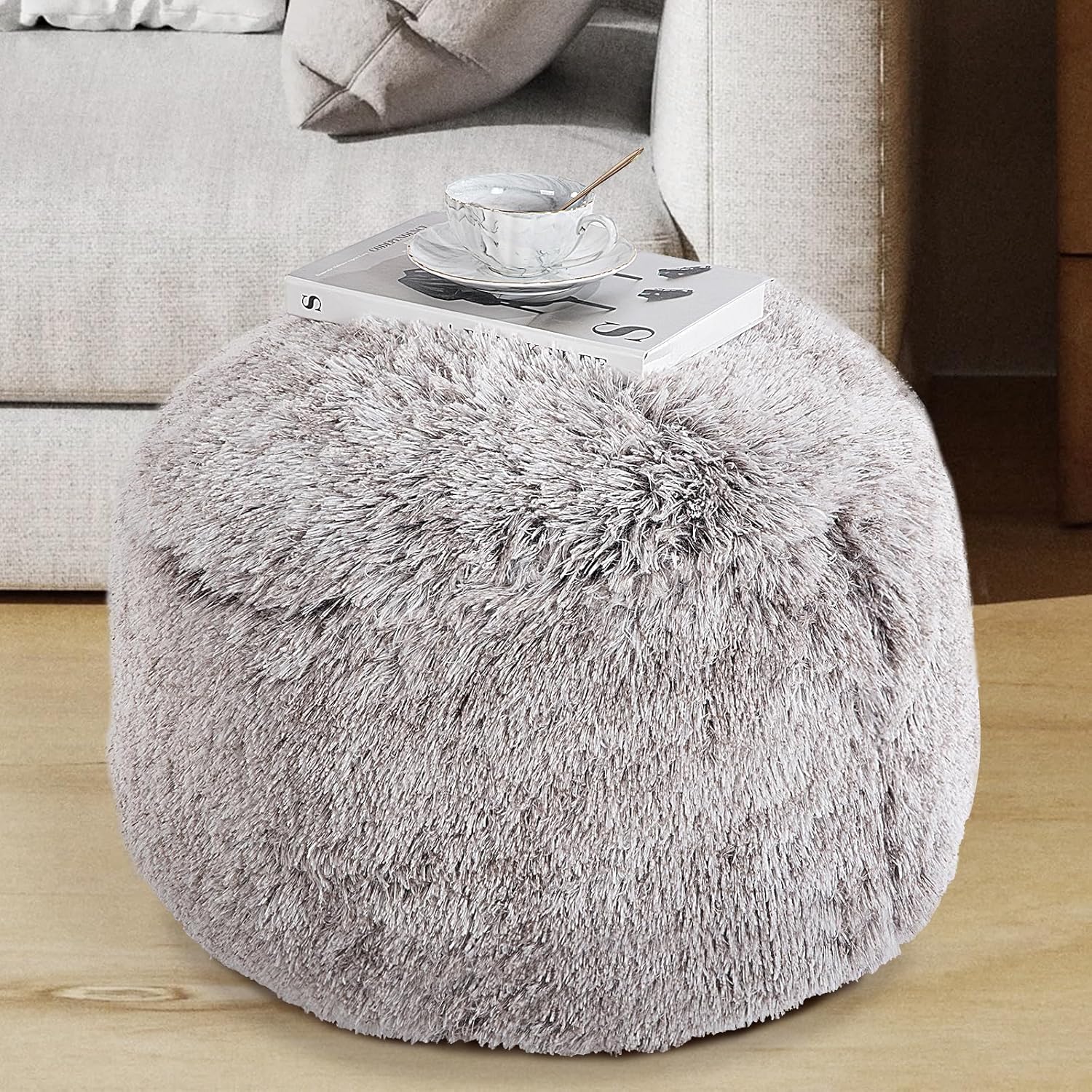 HOMBYS Round Pouf Ottoman Stuffed,Faux Fur Pouf Ottoman with PP Cotton Filling F...