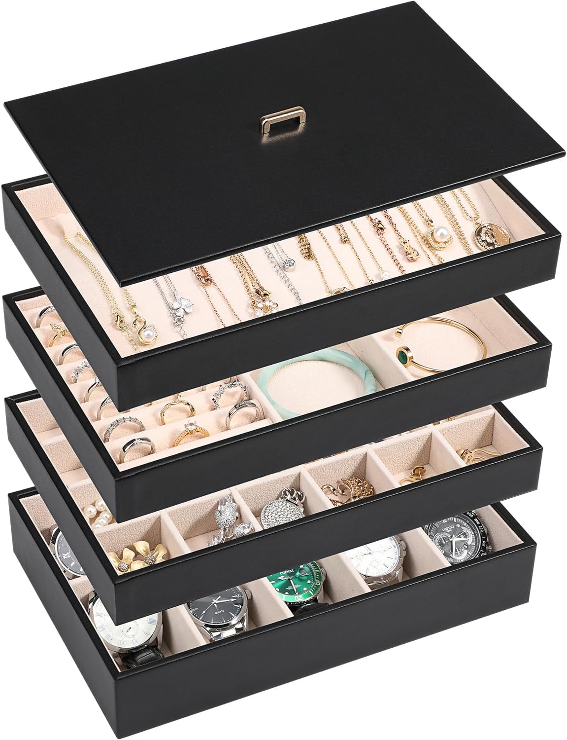 Voova Stackable Jewelry Organizer Tray with Lid, PU Leather Jewelry Storage Hold...