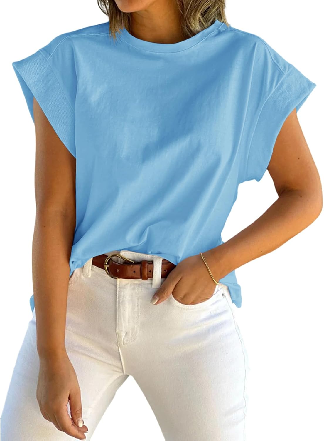 Tankaneo Womens Summer Cap Sleeve Tank Top Crew Neck Solid Casual Loose Fit Basi...