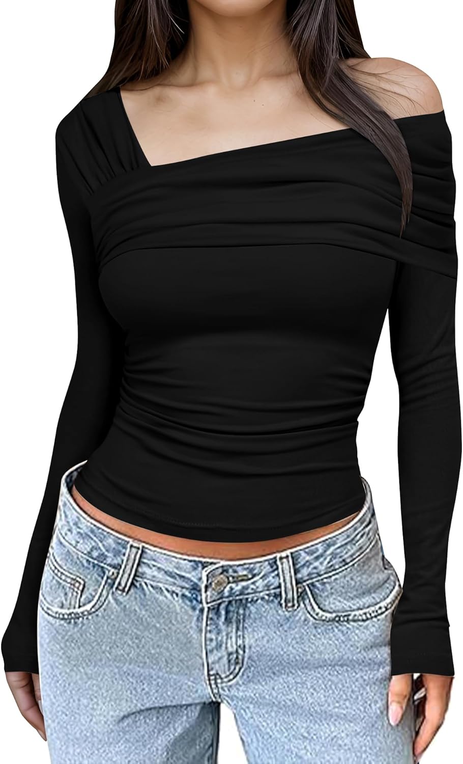 Rapbin Womens One Off Shoulder Long Sleeve Tops Ruched Y2K Slim Fit Shirts Going...
