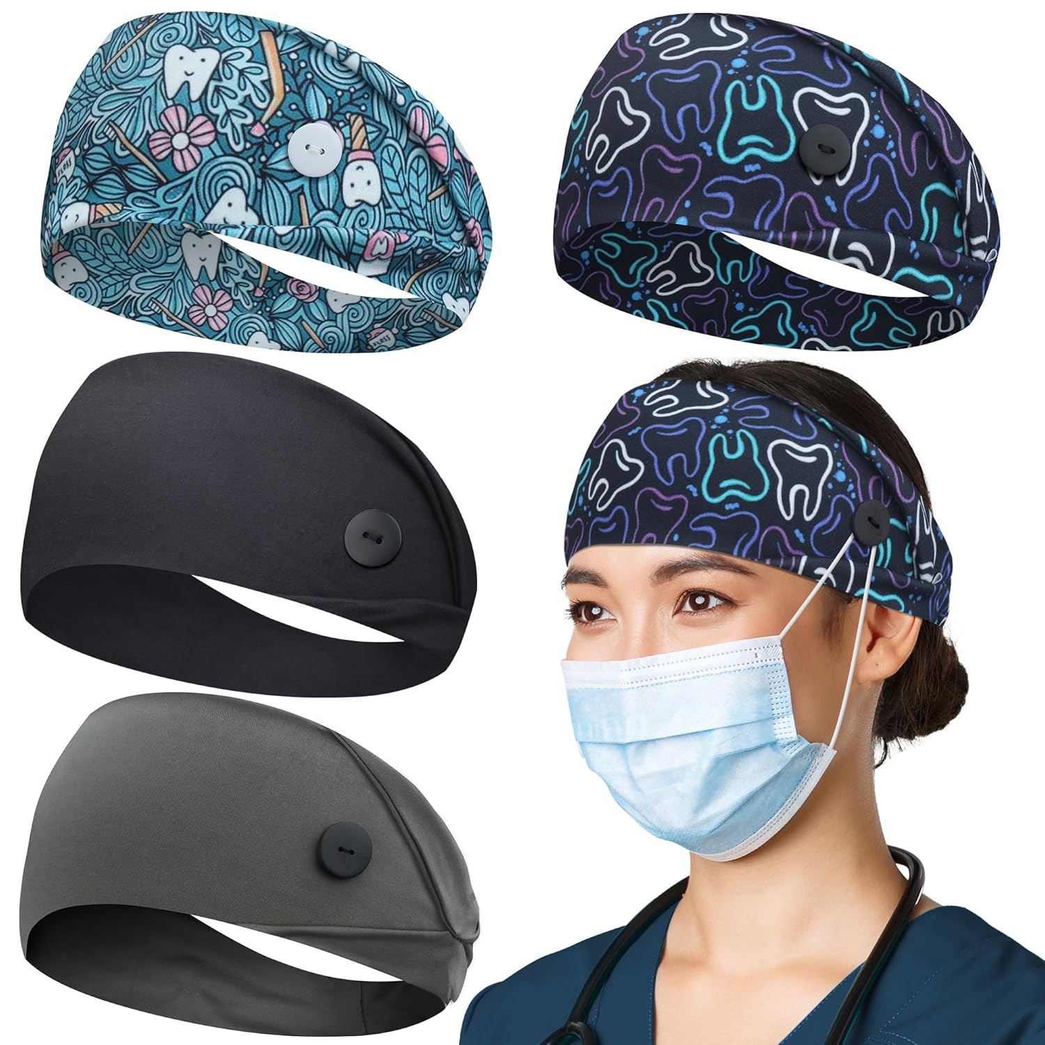 ABAMERICA Headbands with Button for Mask, Wide Nurses Headbands Non Slip Elastic...