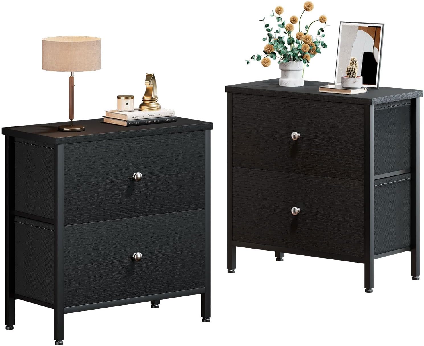 BOLUO Black Nightstands Set of 2, 2 Drawer Dresser for Bedroom Night Stand Small...