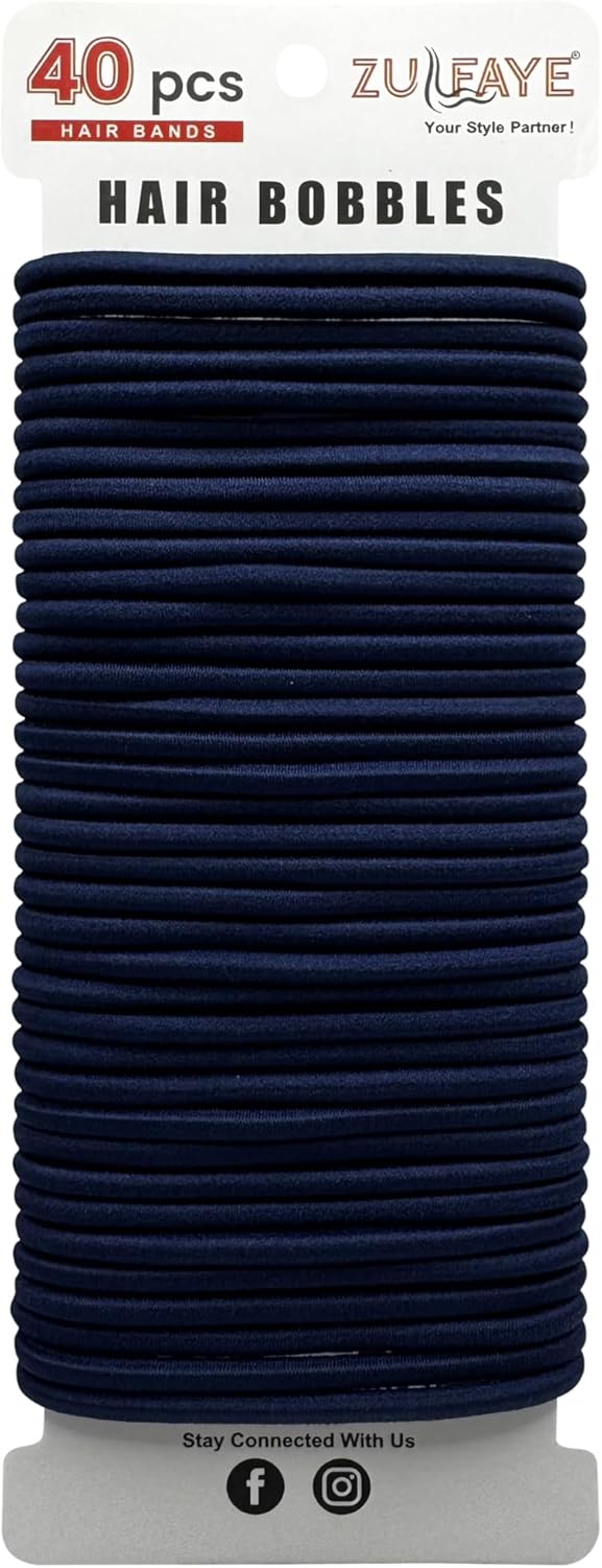 Zulfaye Navy Hair Bands for Women, Hair Bobbles for Thick Hair, 4mm Snag Free Ha...