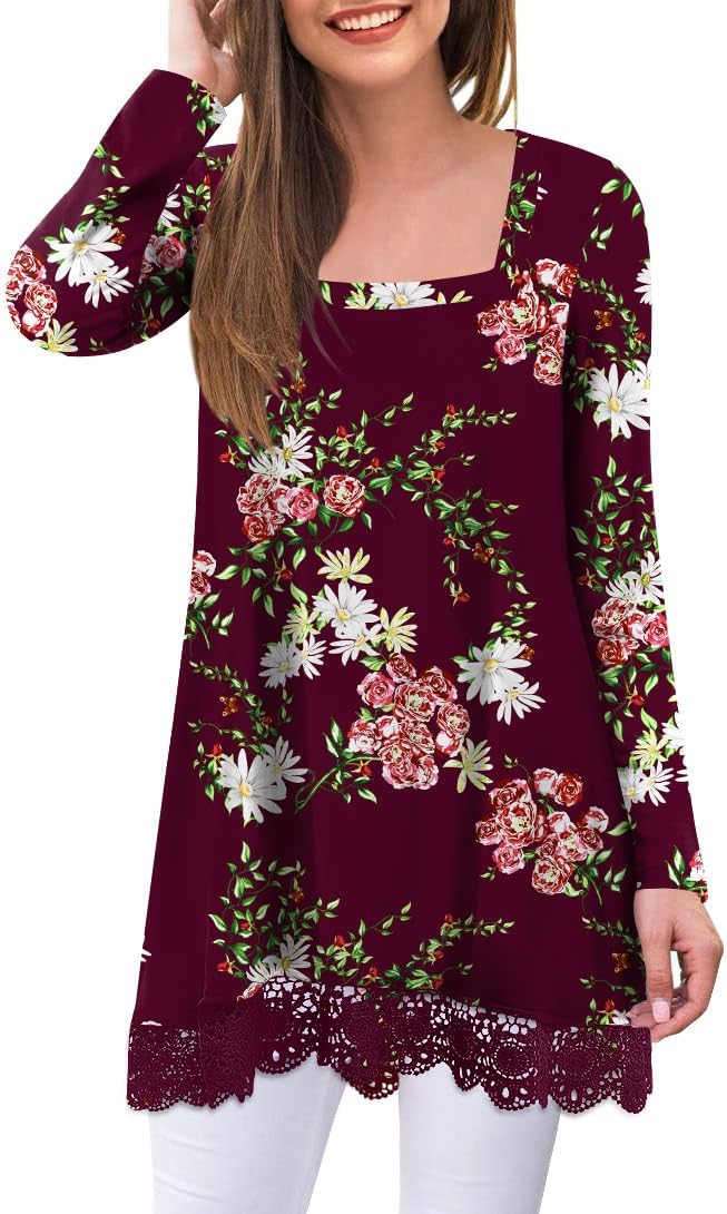 Bestbee Women's Fall Long Sleeve Tops Lace Hem Tunic Crew Neck Loose Fit Blouse...