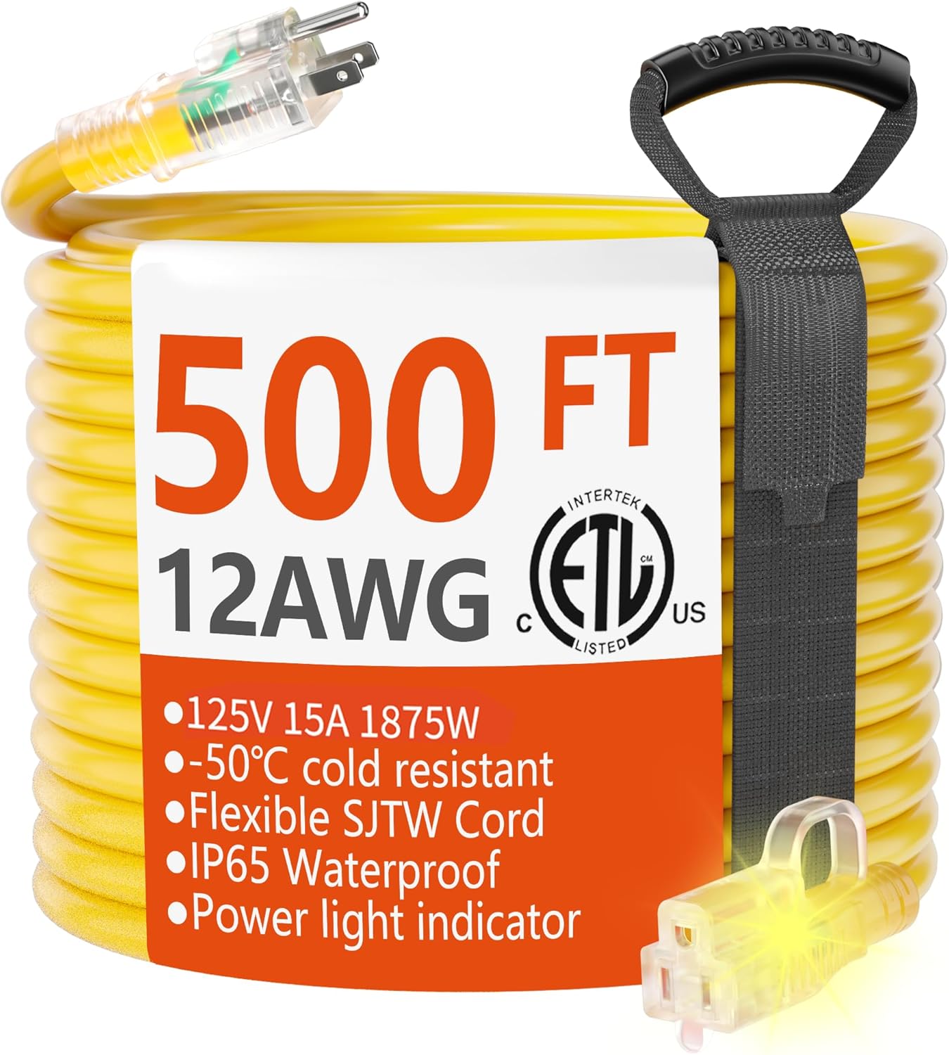HUANCHAIN 500 ft Outdoor Extension Cord Waterproof 12/3 Gauge Heavy Duty with Li...