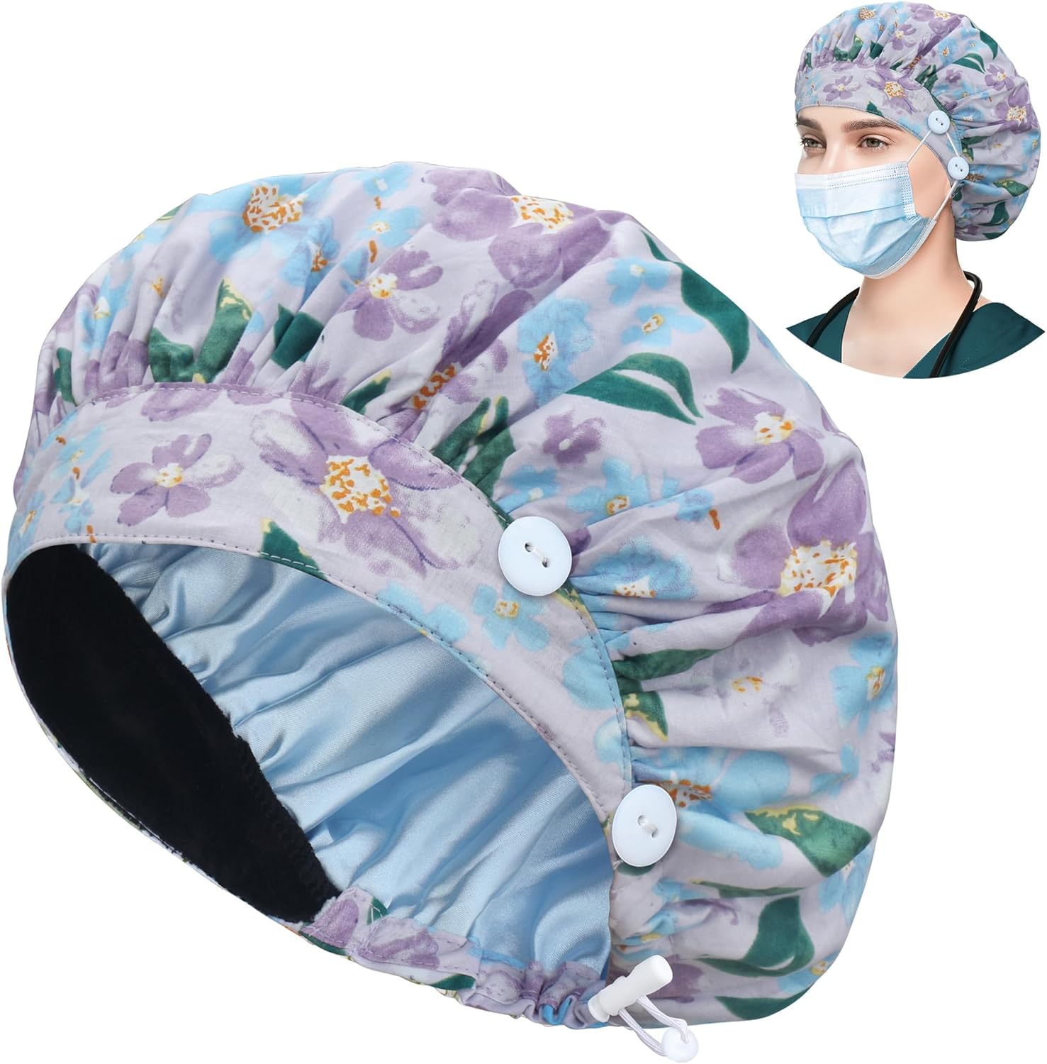 ABAMERICA Bouffant Caps with Button and Sweatband, Adjustable Scrub Caps for Wom...