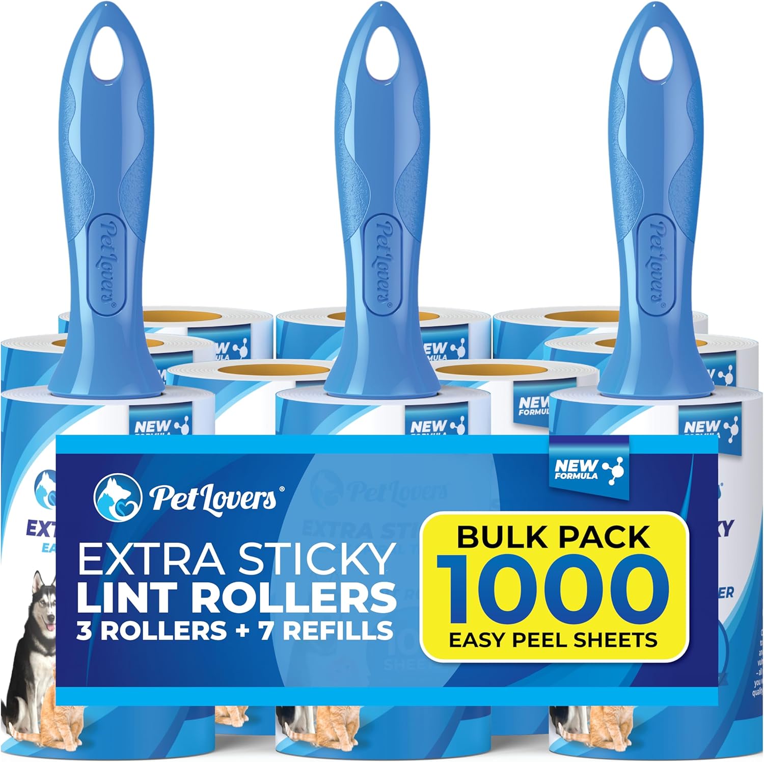 PetLovers Extra Sticky Lint Roller Bulk Value Set 3 Rollers 7 Refills 1,000 Shee...