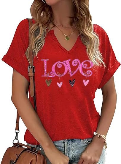 V-Neck Shirts for Women Cute Love Heart Tshirts Valentine Casual Blouse Spring G...