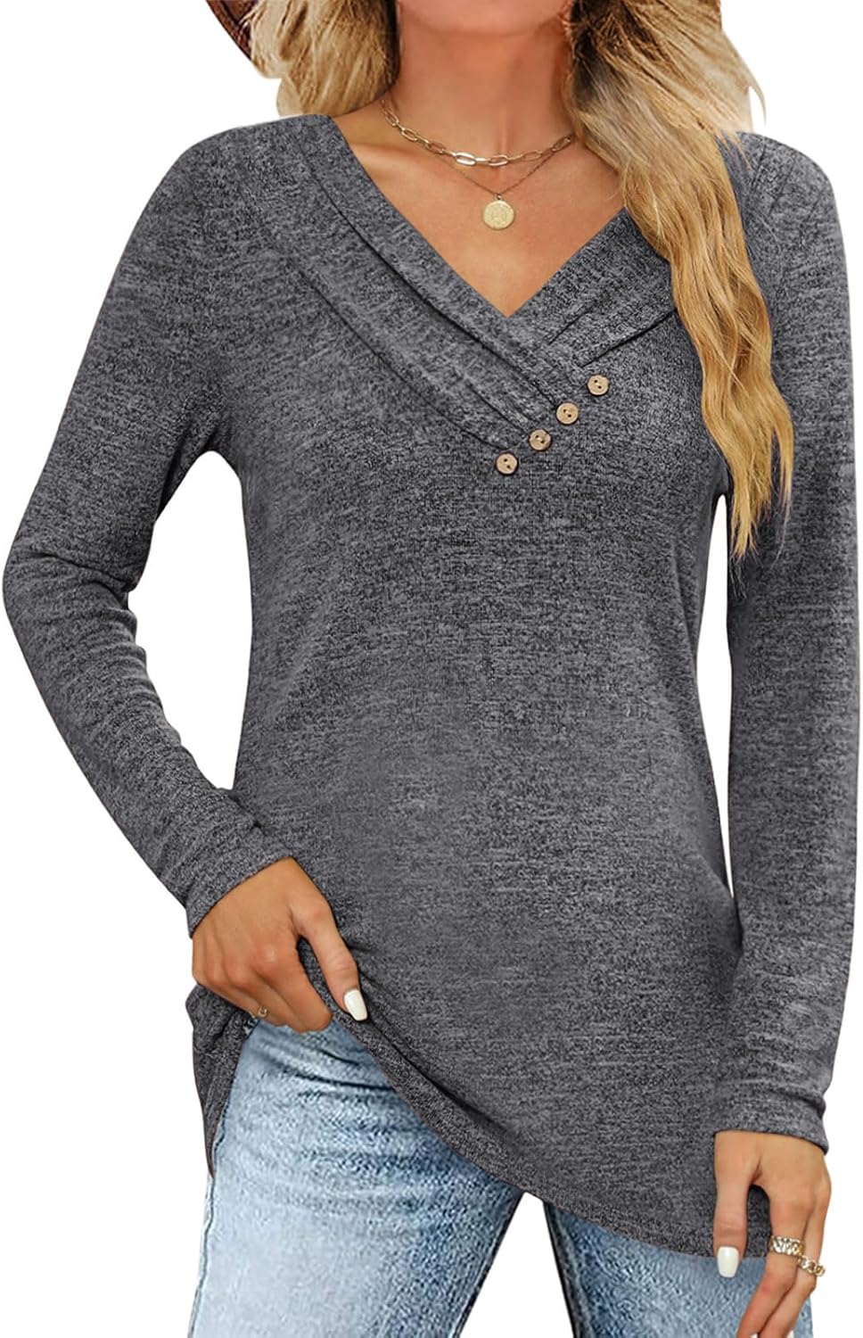 Women's Fall Long Sleeve Tunic Tops for Leggings V Neck Button Casual Blouse Swe...