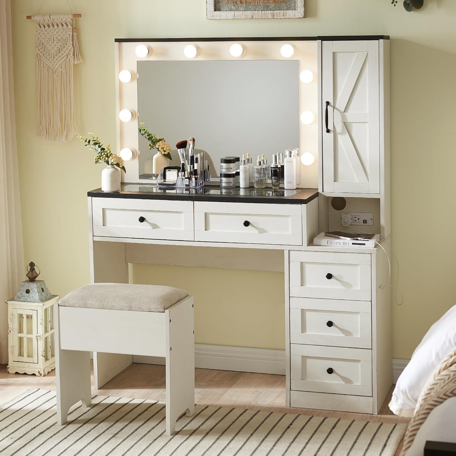 JXQTLINGMU Farmhouse Vanity Makeup Desk with Charging Station, 43" W Vanity Desk...
