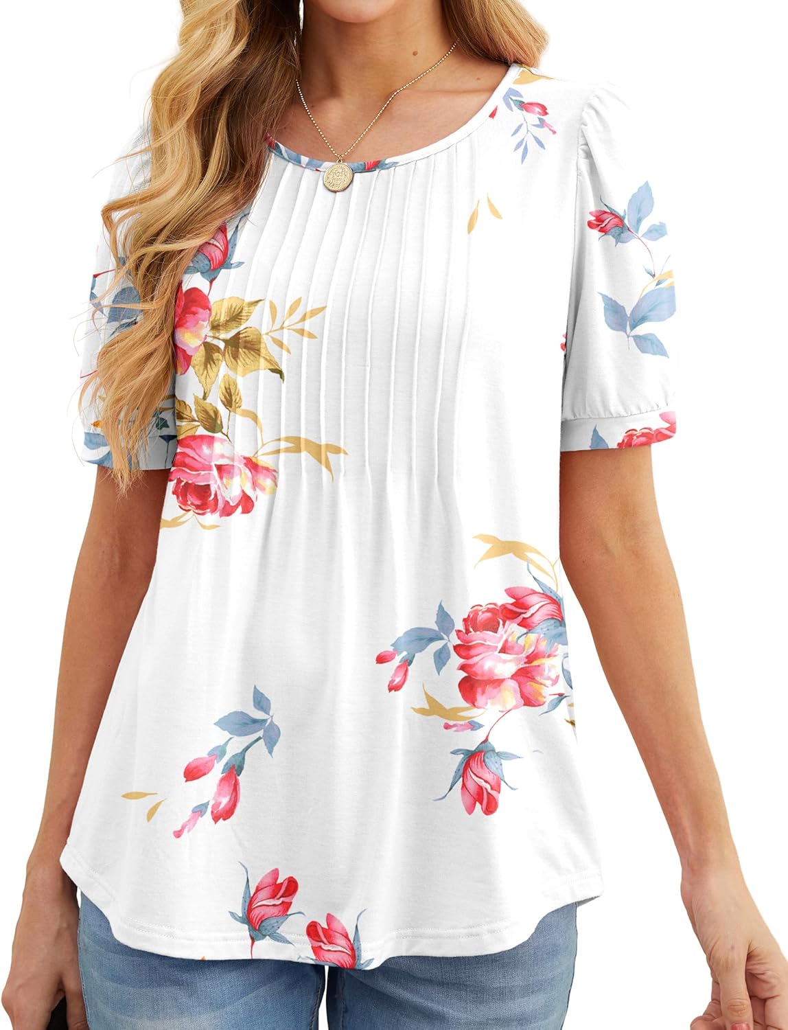 GRECERELLE Womens Summer Tops Casual Dressy Soft Short Sleeve Tunic Front Pleate...