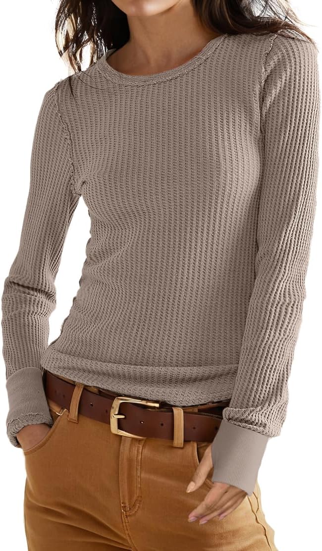 GRECERELLE Waffle Knit Long Sleeve Shirts for Women Crew Neck Slim Fitted Going...