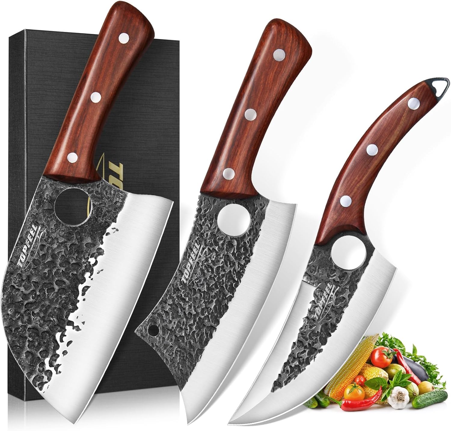 3PCS Butcher Knife Set, Hand Forged Serbian Chef Knife & Meat Cleaver Knife & Vi...