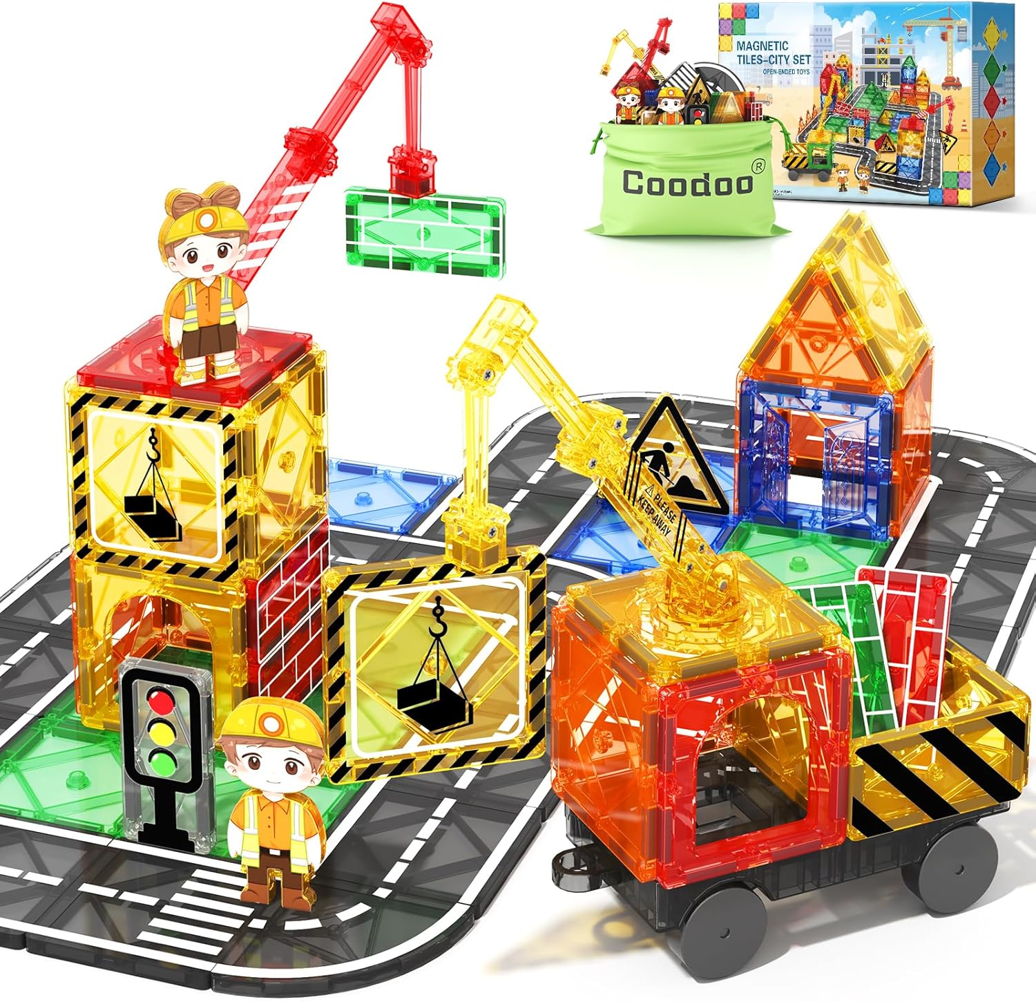 Kids Games Magnetic Tiles with 2 Cranes Construction Toys Set Sensory Toys for B...