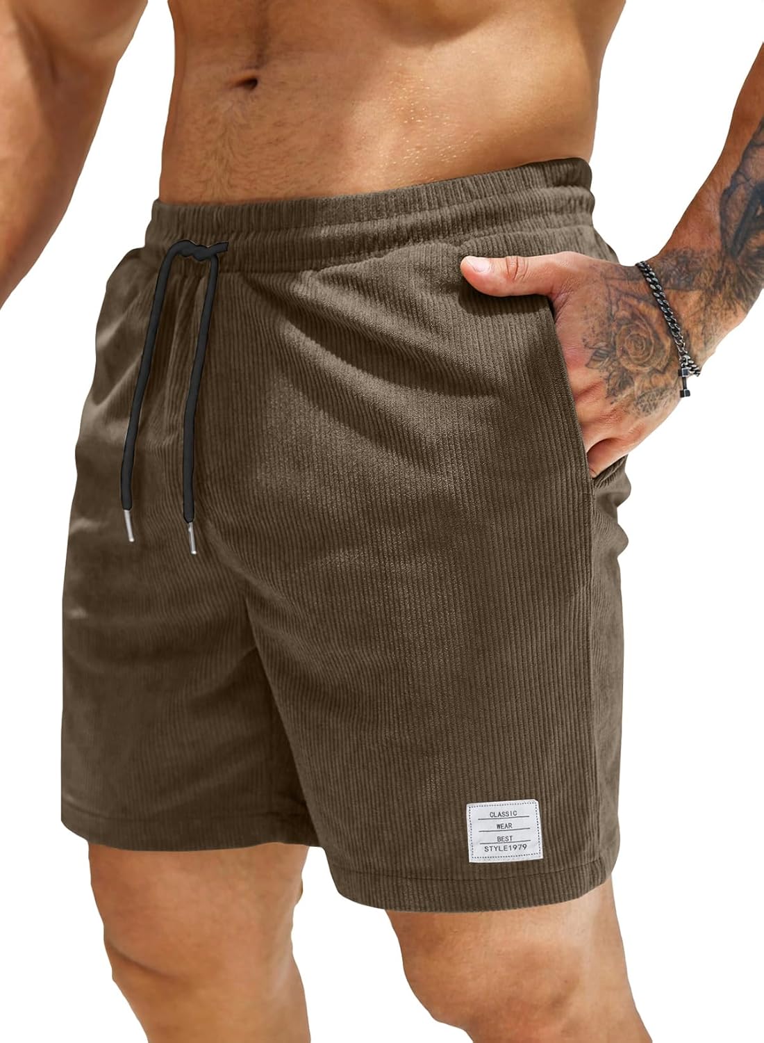 Elegancity Mens Corduroy Shorts Casual Sports Drawstring Summer Jogging Shorts w...