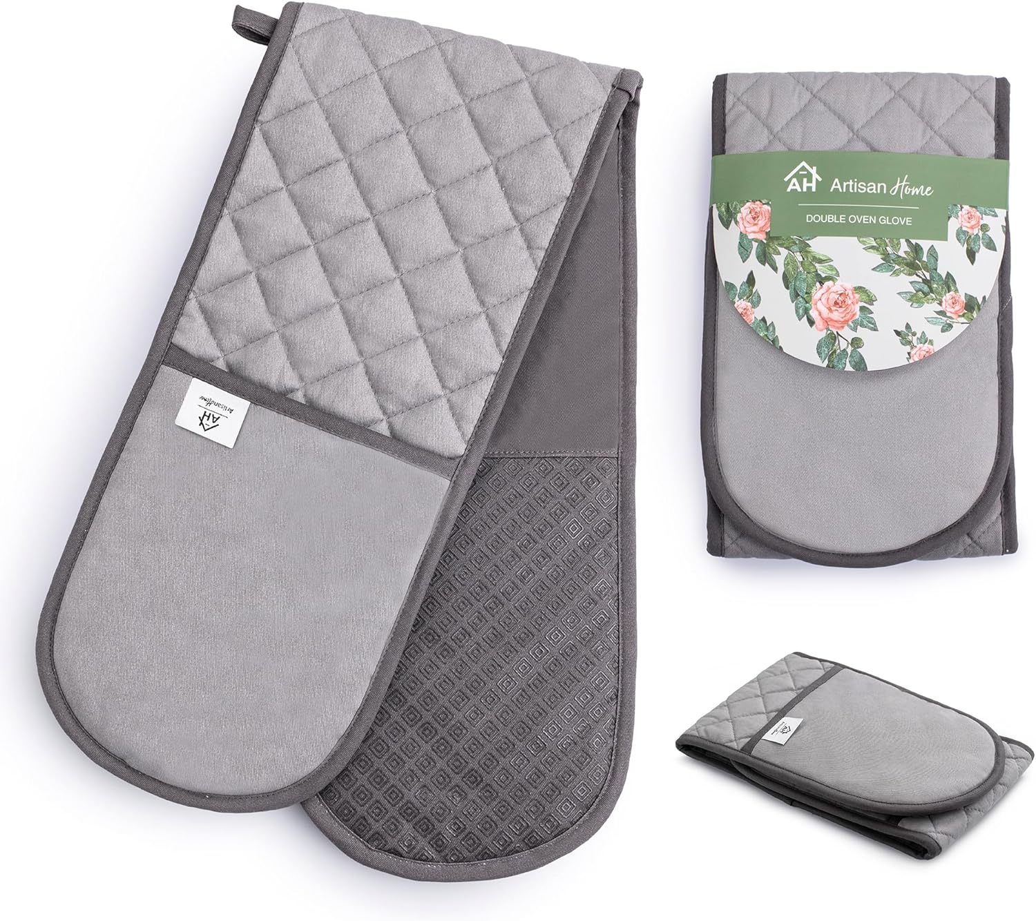 Grey Double Oven Gloves | Maximum Heat Resistant Protection | Double Oven Mitt W...