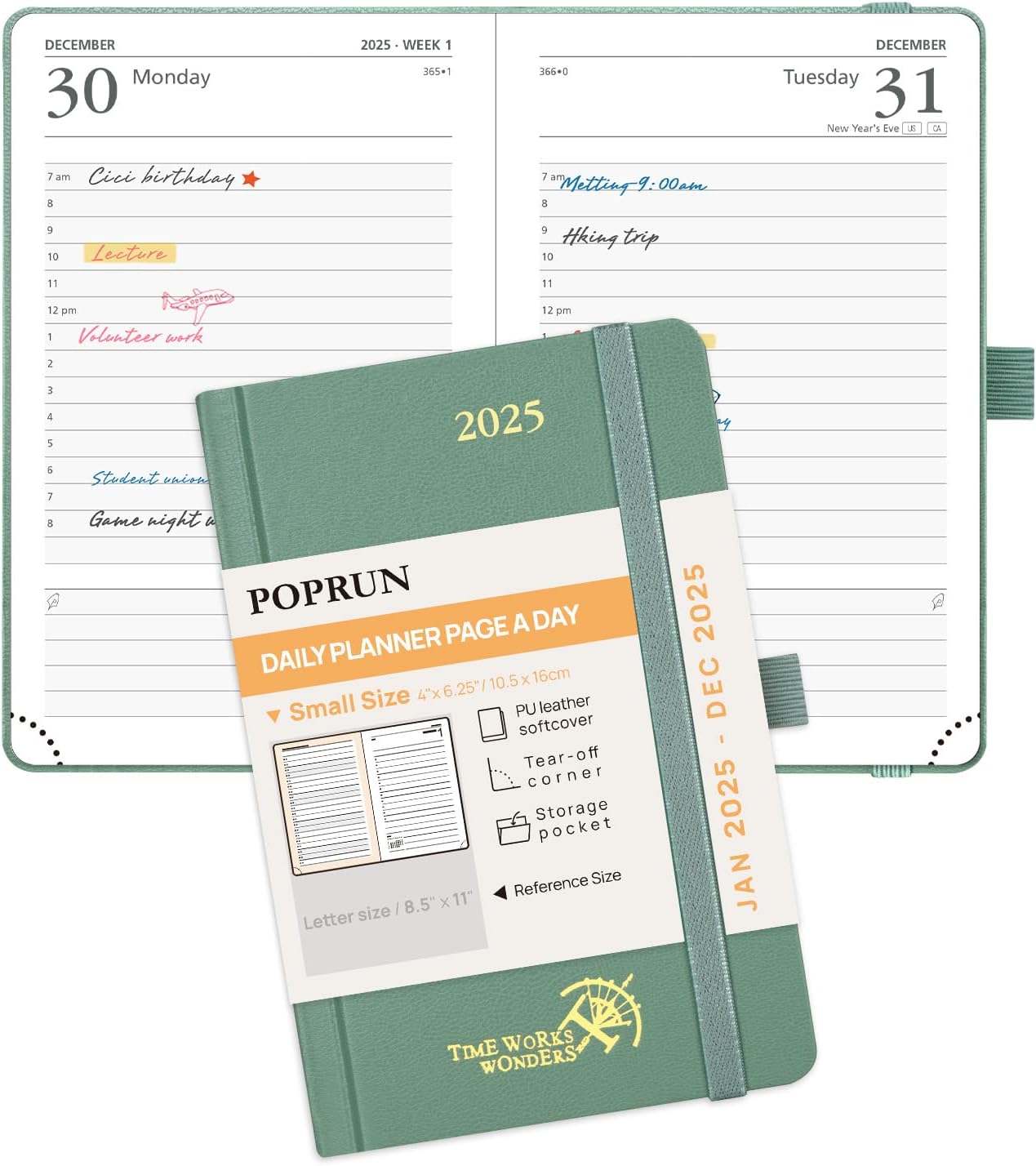 POPRUN A6 Diary 2025 A Day Per Page Hardback 25 Daily Planner Day to Page, Appoi...